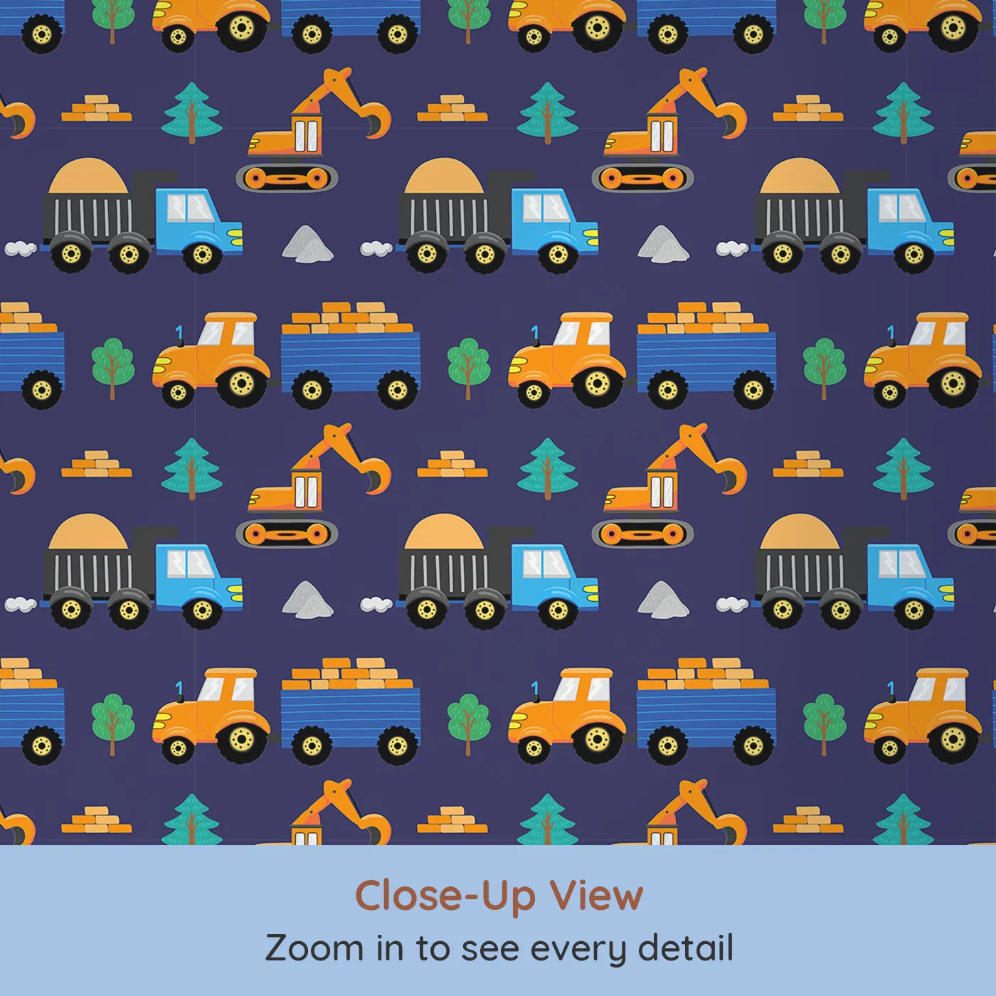 Close-up view of Whimsy Tots' Bright Construction Zone Wallpaper (W2282).Where a colorful crew of trucks is ready for a big day of work.