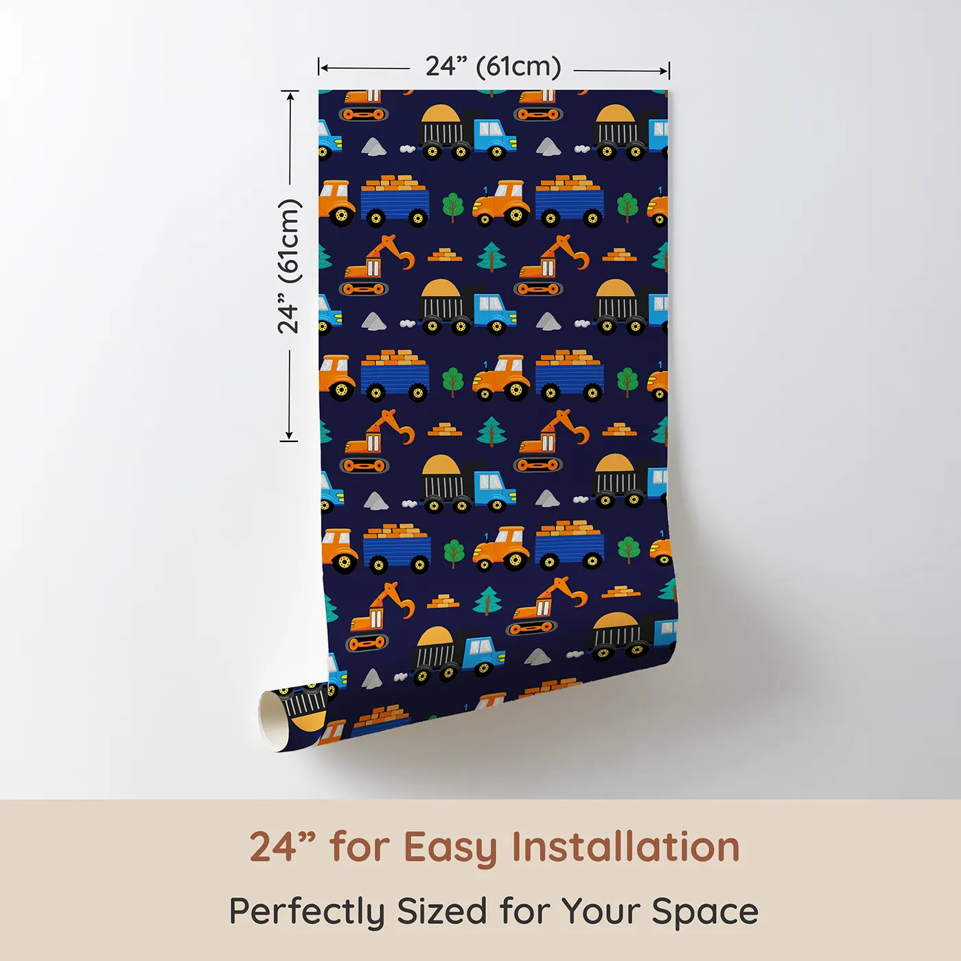 Dimension view of Whimsy Tots Bright Construction Zone Wallpaper (W2282). Printed in 24-inch-wide panel for easy installation. Where a colorful crew of trucks is ready for a big day of work.