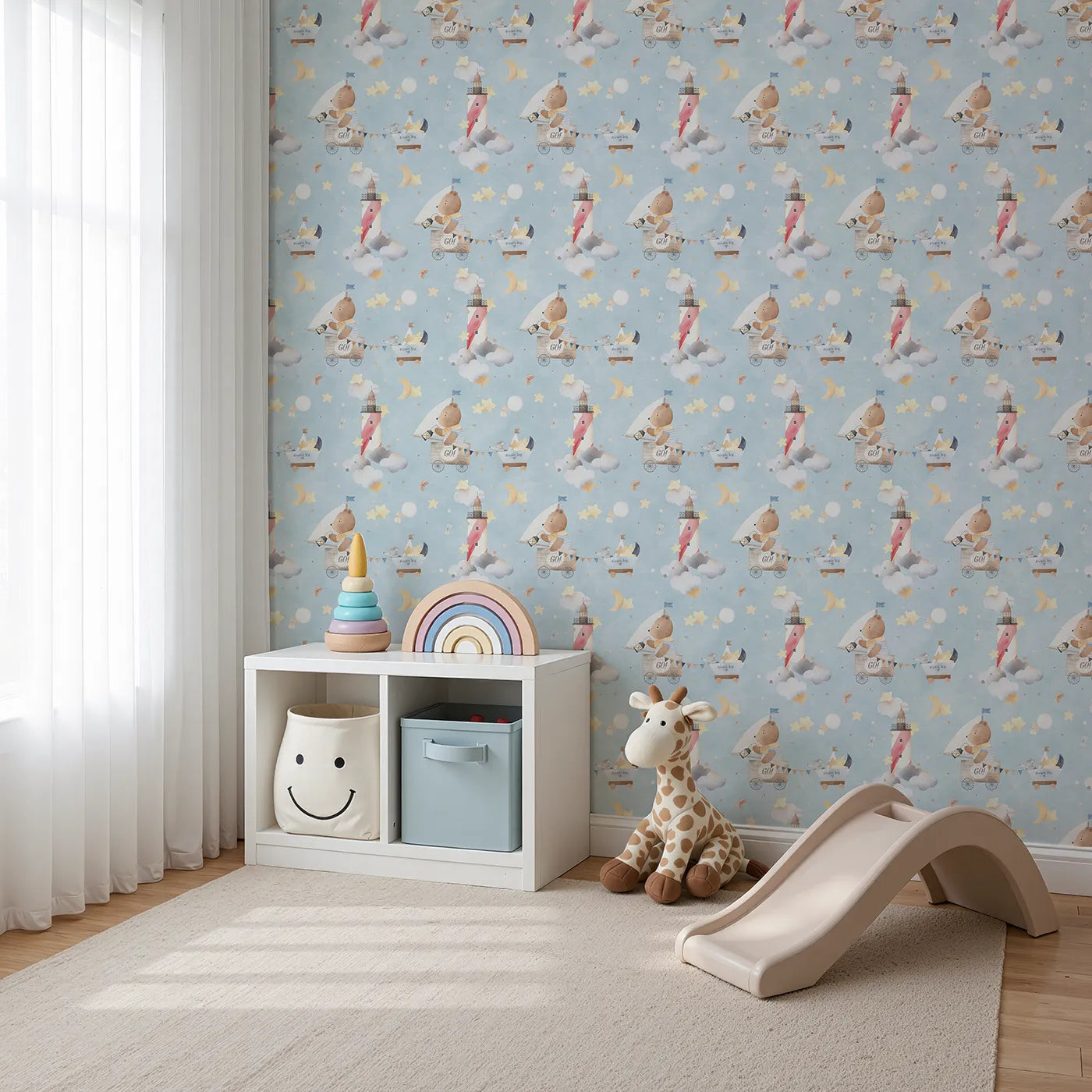 Angled view of Whimsy Tots' Dream Big Sky Adventure Wallpaper (W2283).Where a little bear and his friend sail to the moon in a magic cart.