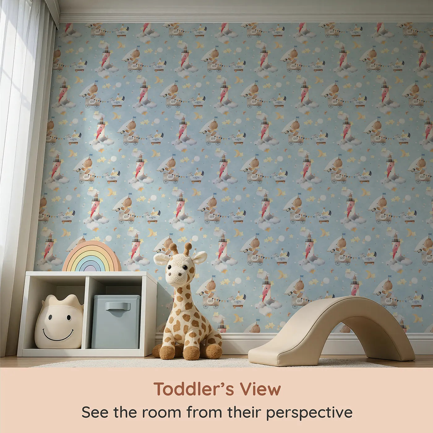 Whimsy Tots Dream Big Sky Adventure Wallpaper (W2283) from your child's view.Where a little bear and his friend sail to the moon in a magic cart.