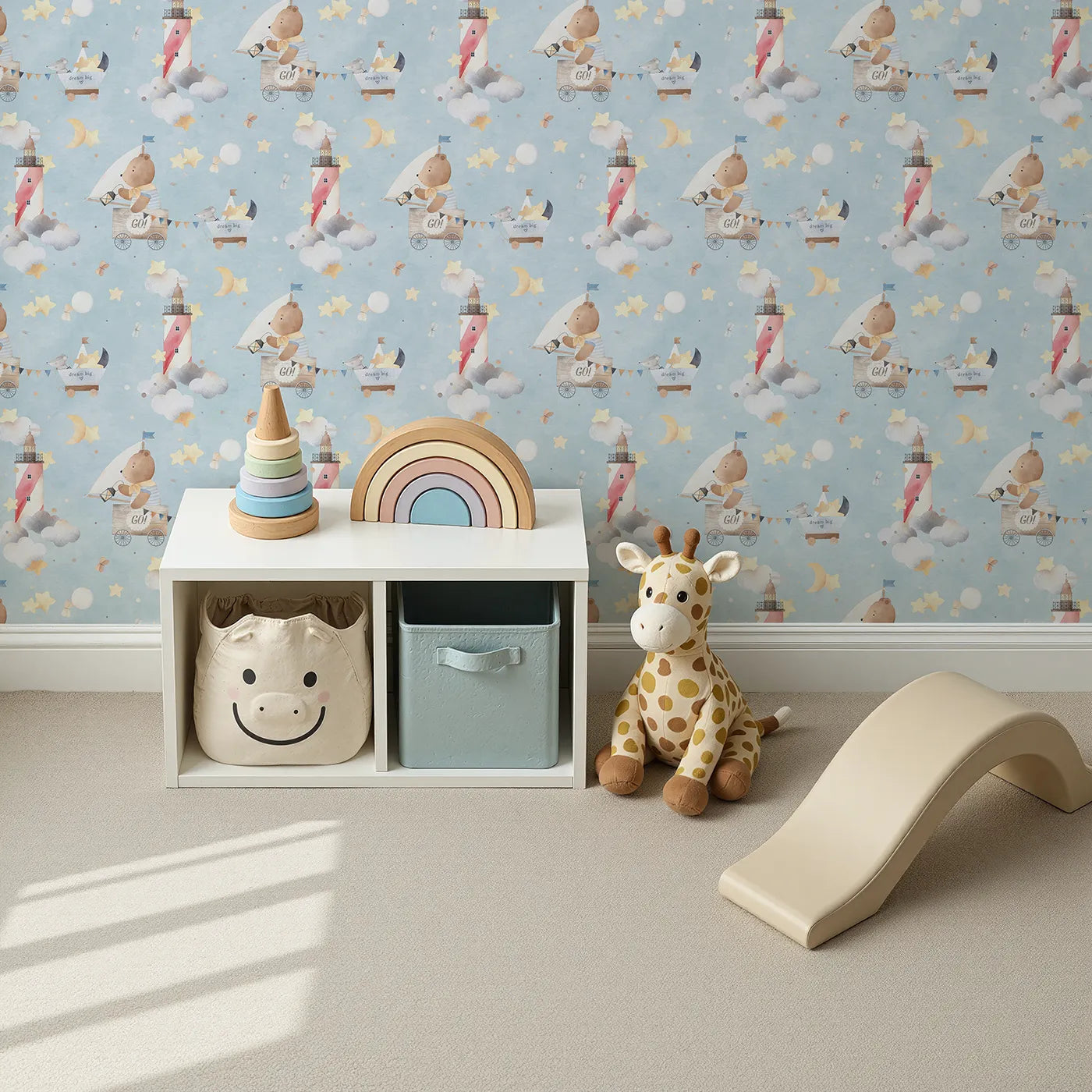 Top-Down view of Whimsy Tots' Dream Big Sky Adventure Wallpaper (W2283).Where a little bear and his friend sail to the moon in a magic cart.