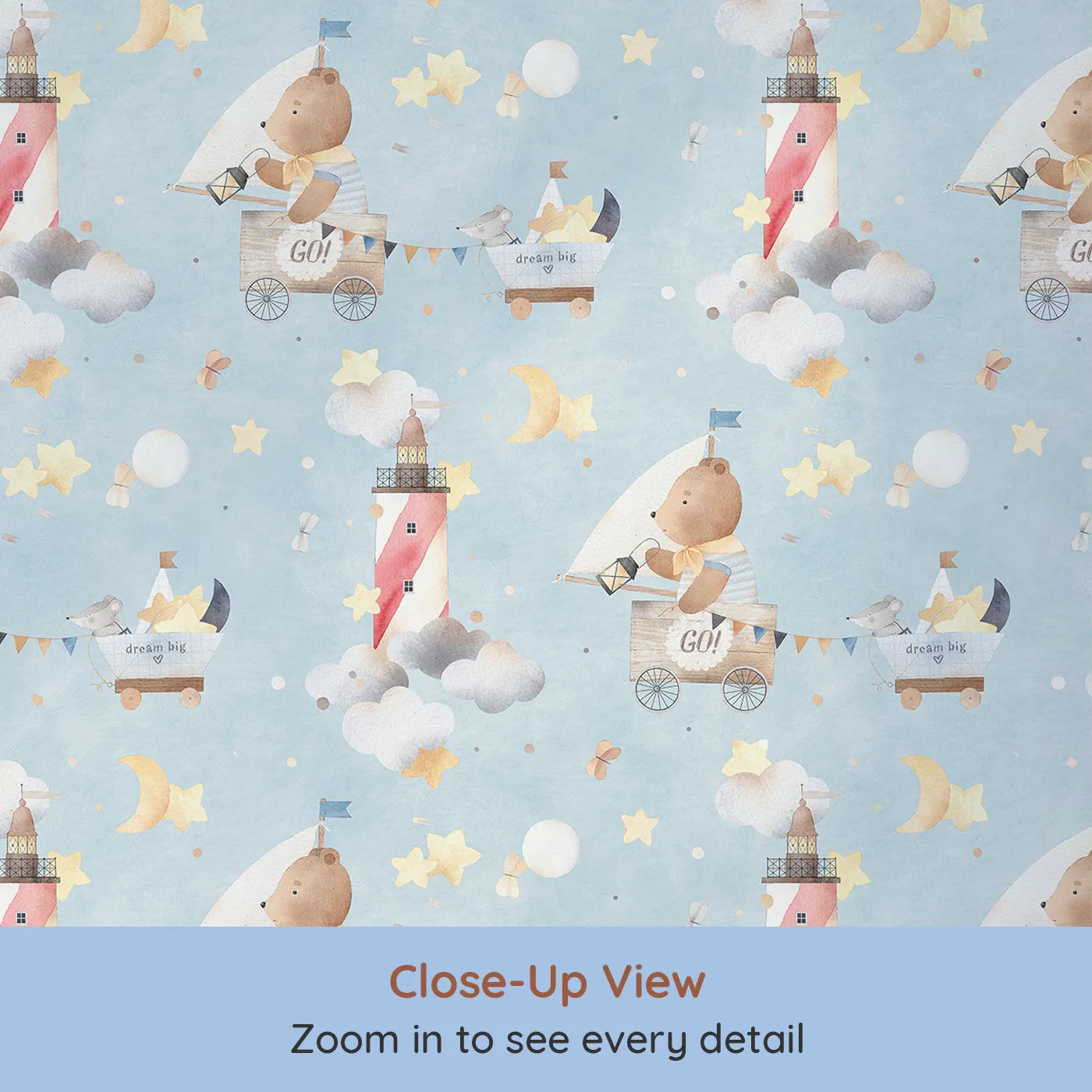 Close-up view of Whimsy Tots' Dream Big Sky Adventure Wallpaper (W2283).Where a little bear and his friend sail to the moon in a magic cart.