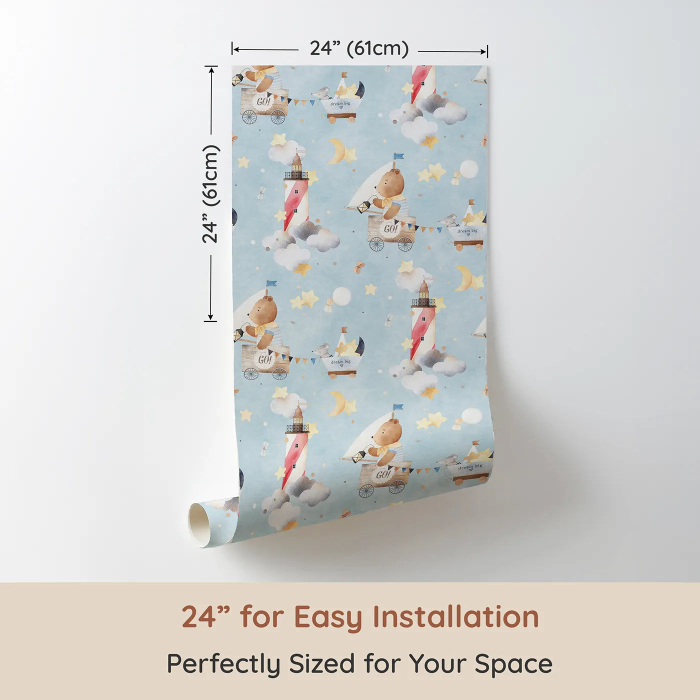 Dimension view of Whimsy Tots Dream Big Sky Adventure Wallpaper (W2283). Printed in 24-inch-wide panel for easy installation. Where a little bear and his friend sail to the moon in a magic cart.