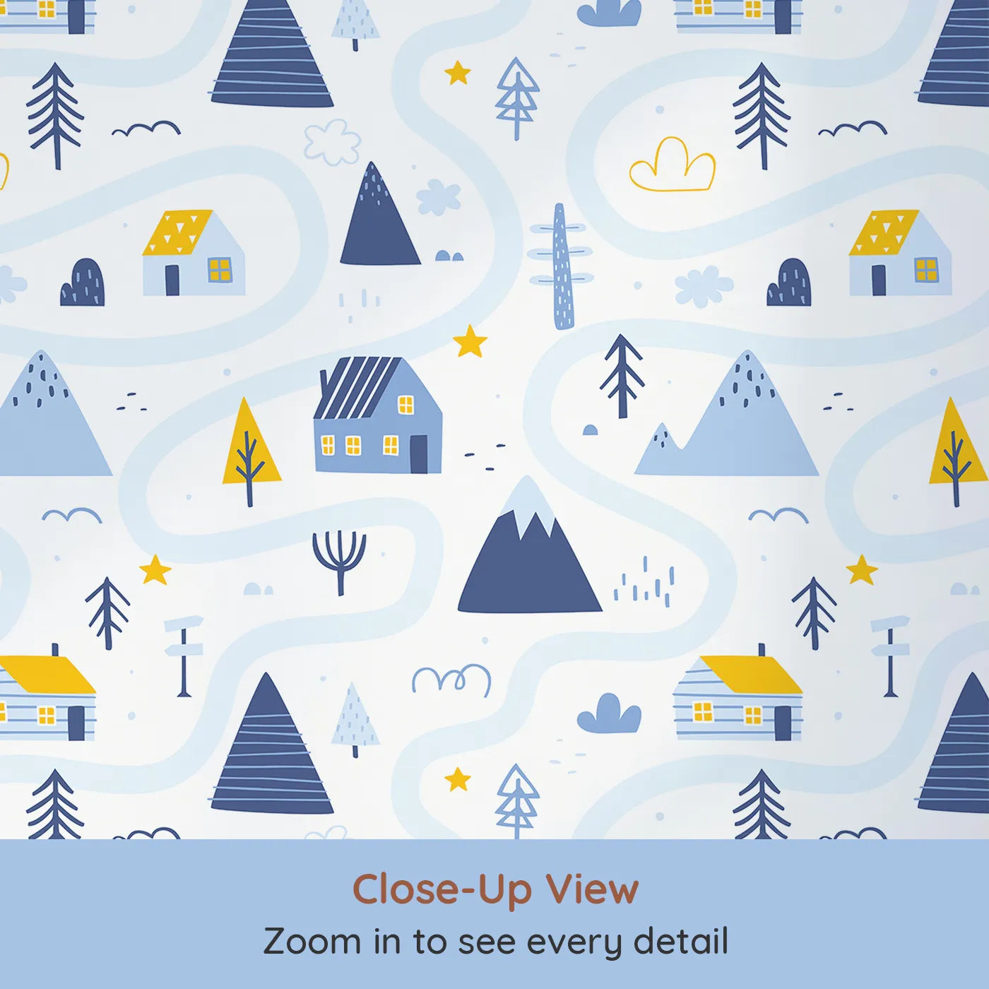 Close-up view of Whimsy Tots' Winter Village Map Wallpaper (W2284).Where a winding path leads through a peaceful, frozen village.