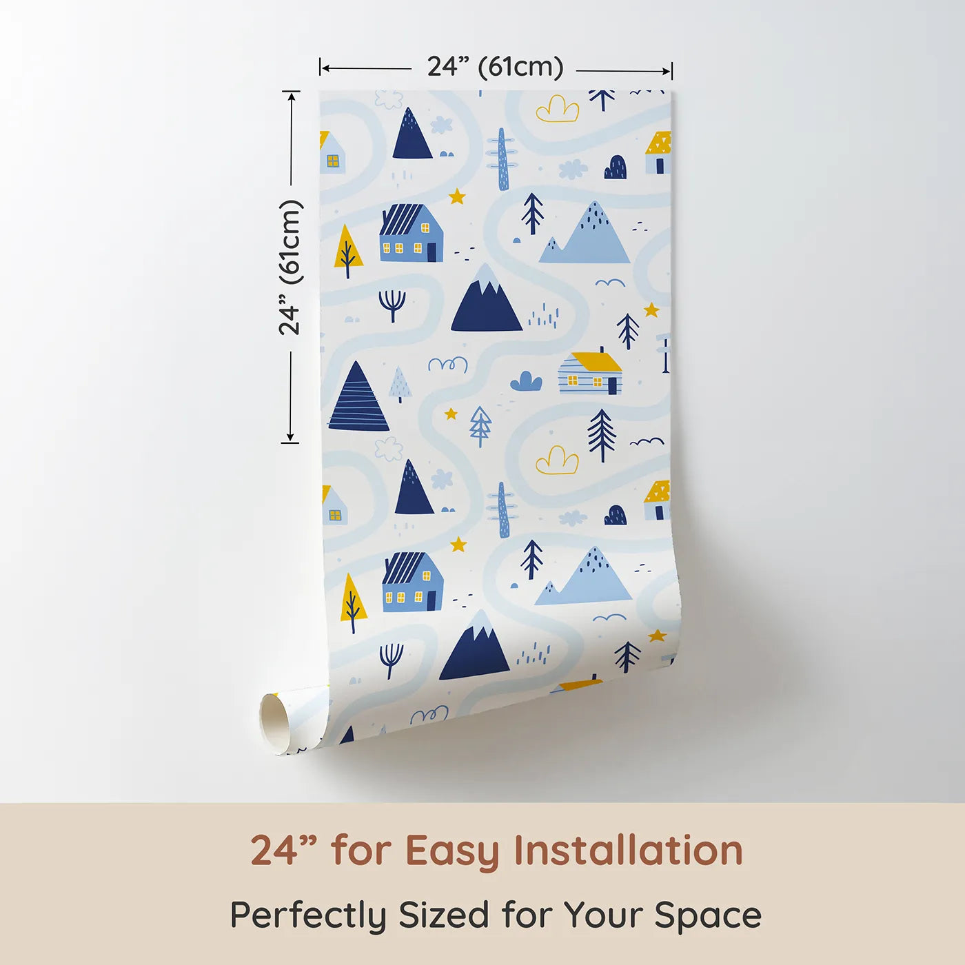 Dimension view of Whimsy Tots Winter Village Map Wallpaper (W2284). Printed in 24-inch-wide panel for easy installation. Where a winding path leads through a peaceful, frozen village.