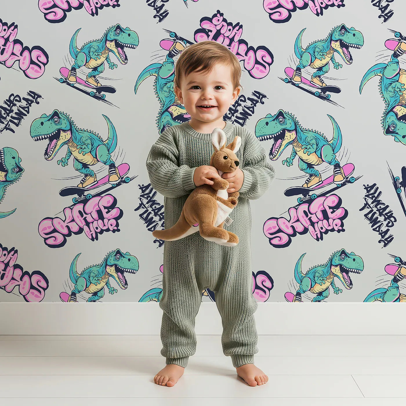 Lovely child standing in front of Whimsy Tots Skater T-Rex Graffiti Wallpaper with dinosaur, t-rex, skateboard, graffiti, cool in design.