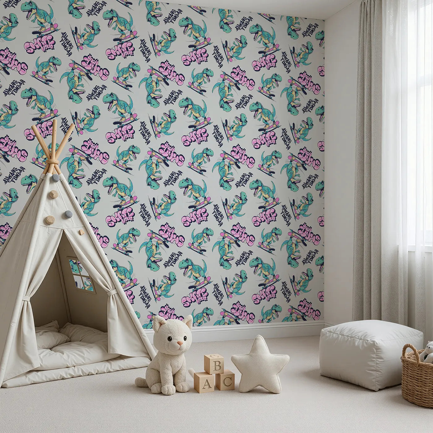 Angled view of Whimsy Tots' Skater T-Rex Graffiti Wallpaper (W2285).Where a T-Rex lands epic tricks with a splash of graffiti style.