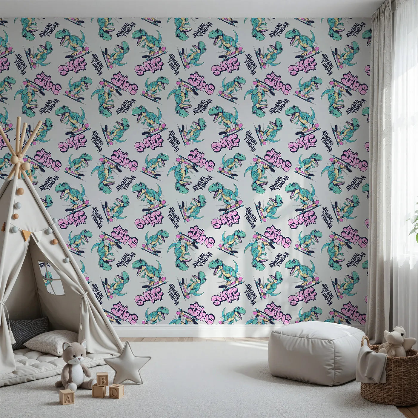 Front view of Whimsy Tots' Skater T-Rex Graffiti Wallpaper