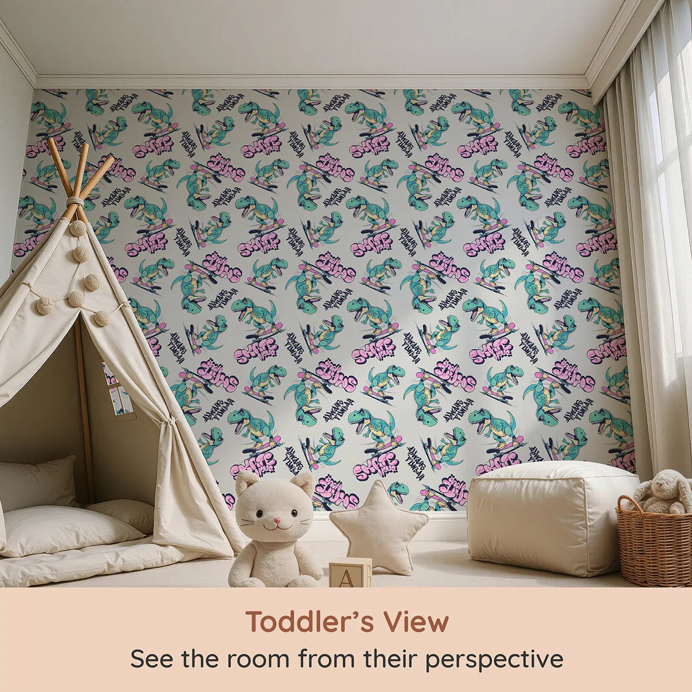 Whimsy Tots Skater T-Rex Graffiti Wallpaper (W2285) from your child's view.Where a T-Rex lands epic tricks with a splash of graffiti style.