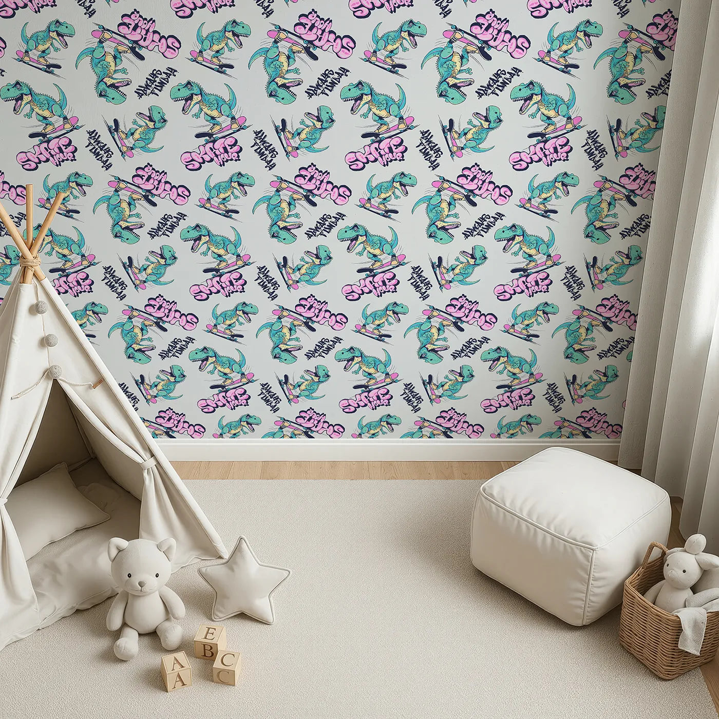 Top-Down view of Whimsy Tots' Skater T-Rex Graffiti Wallpaper (W2285).Where a T-Rex lands epic tricks with a splash of graffiti style.