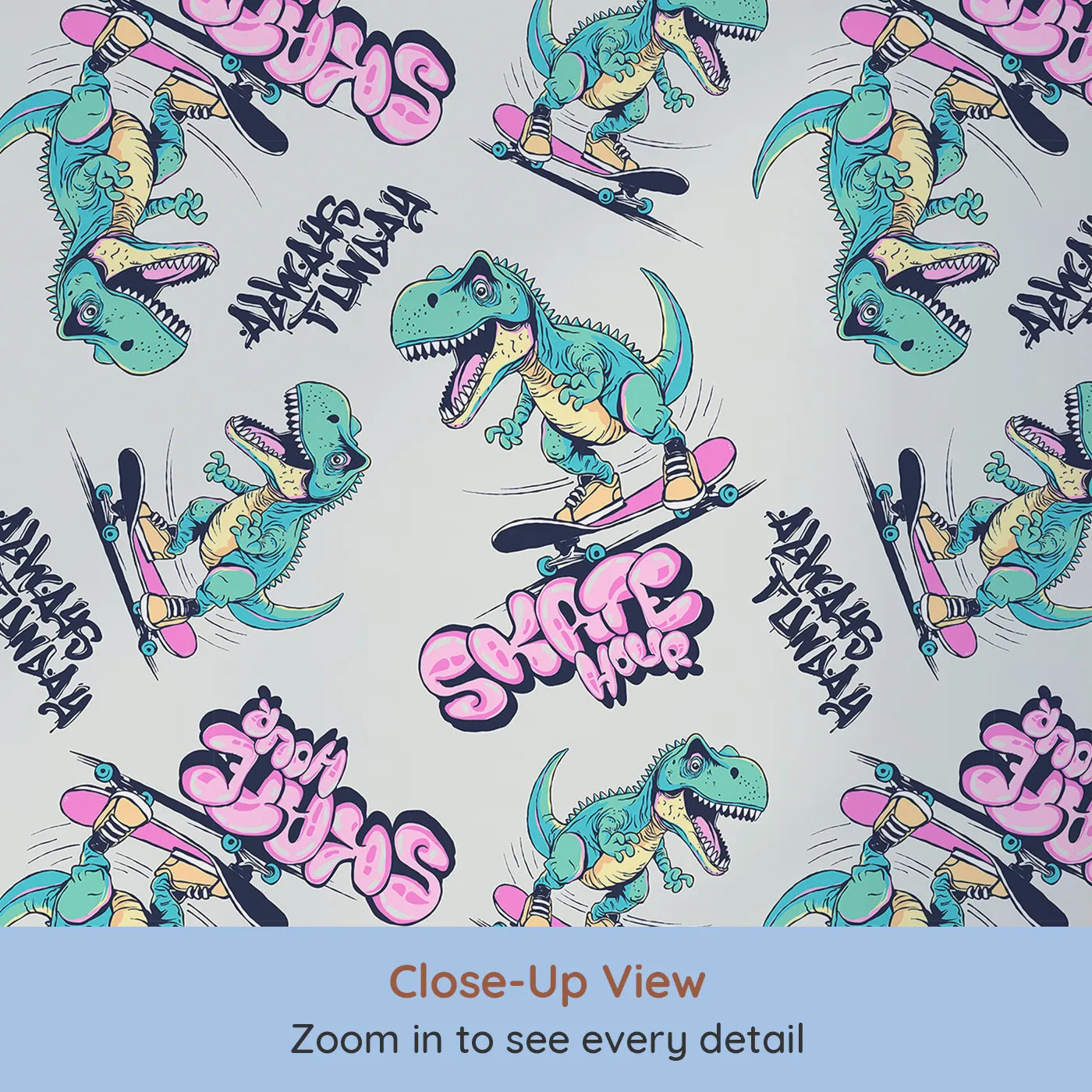 Close-up view of Whimsy Tots' Skater T-Rex Graffiti Wallpaper (W2285).Where a T-Rex lands epic tricks with a splash of graffiti style.