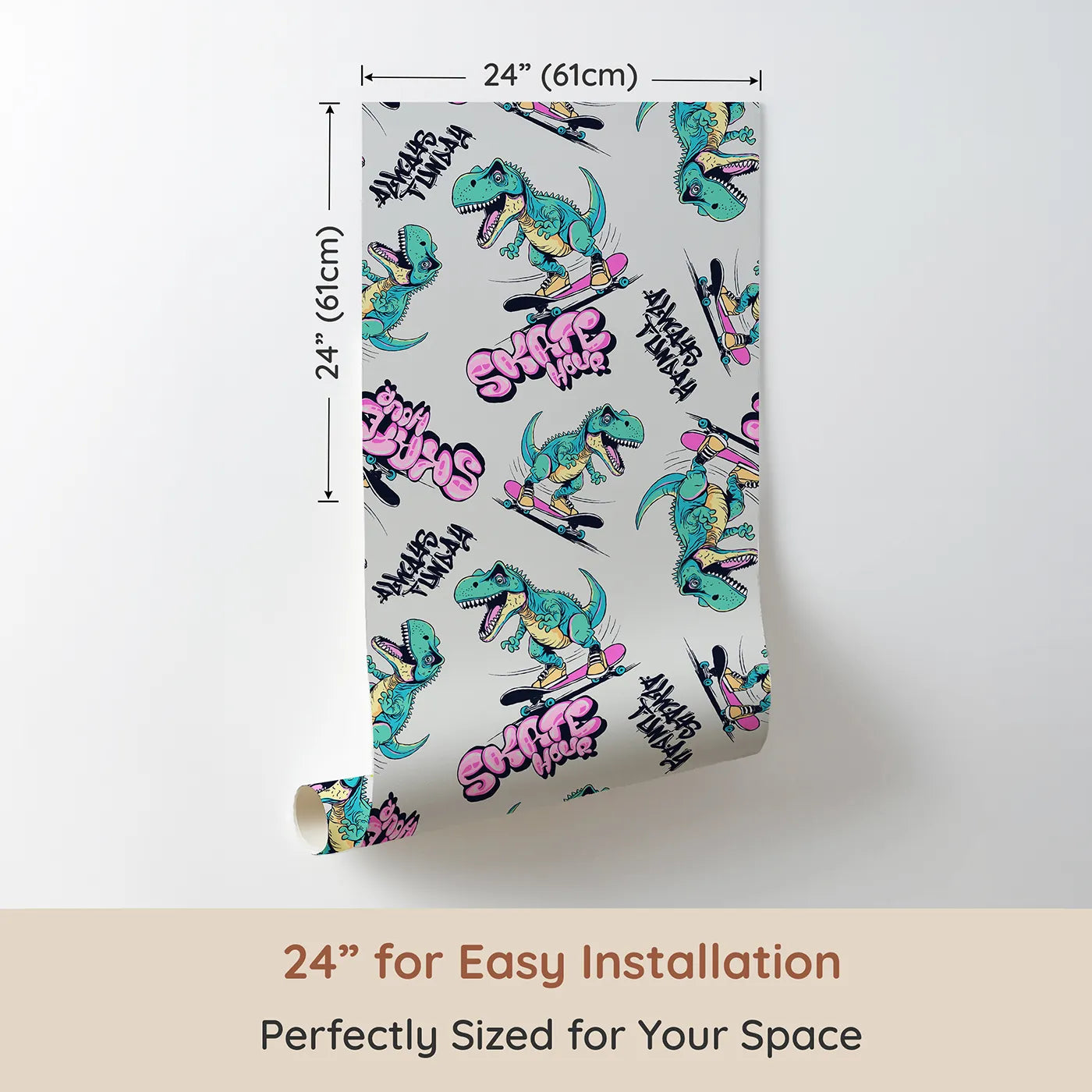 Dimension view of Whimsy Tots Skater T-Rex Graffiti Wallpaper (W2285). Printed in 24-inch-wide panel for easy installation. Where a T-Rex lands epic tricks with a splash of graffiti style.