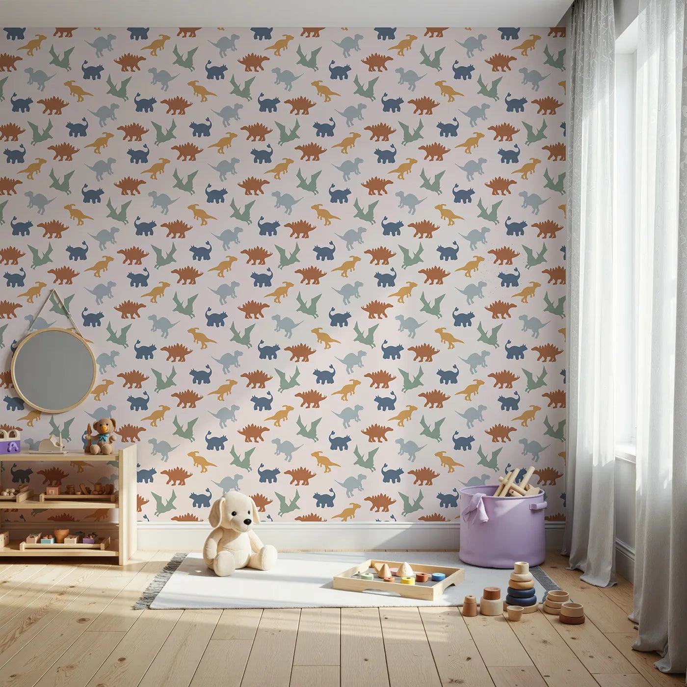 Front view of Whimsy Tots' Earthy Dino Silhouettes Wallpaper