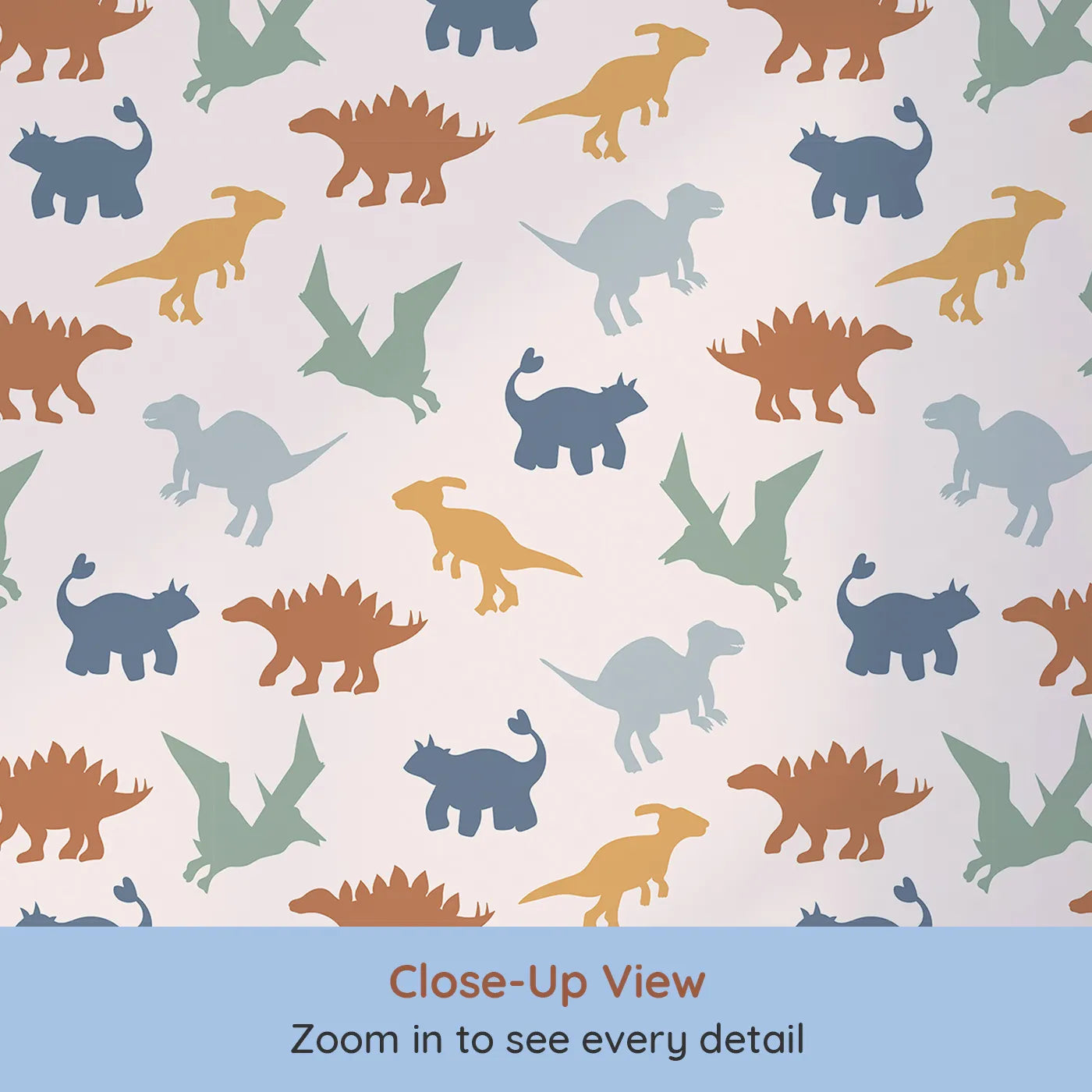Close-up view of Whimsy Tots' Earthy Dino Silhouettes Wallpaper (W2286).Where a herd of gentle giants roams in a calm, earthy palette.