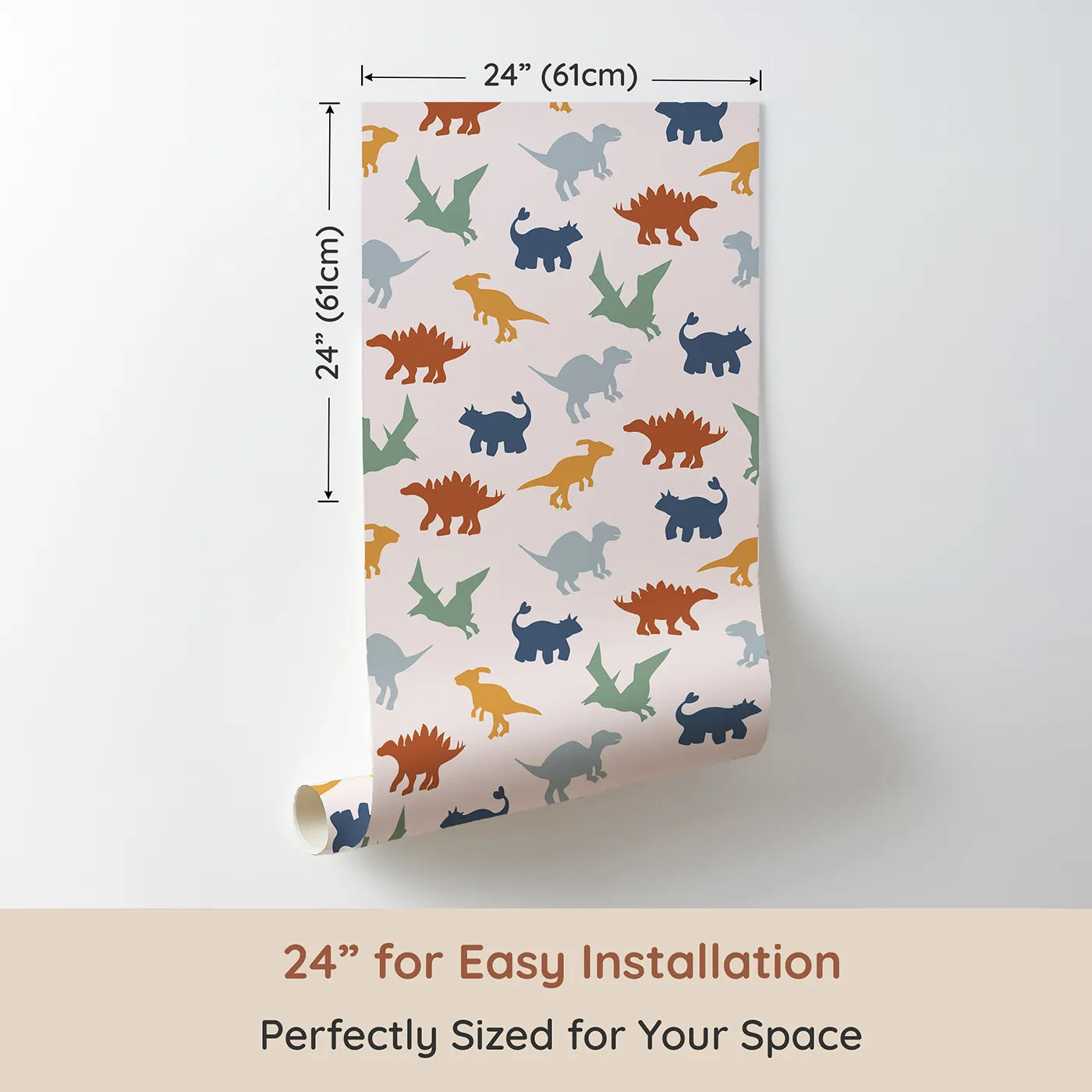 Dimension view of Whimsy Tots Earthy Dino Silhouettes Wallpaper (W2286). Printed in 24-inch-wide panel for easy installation. Where a herd of gentle giants roams in a calm, earthy palette.