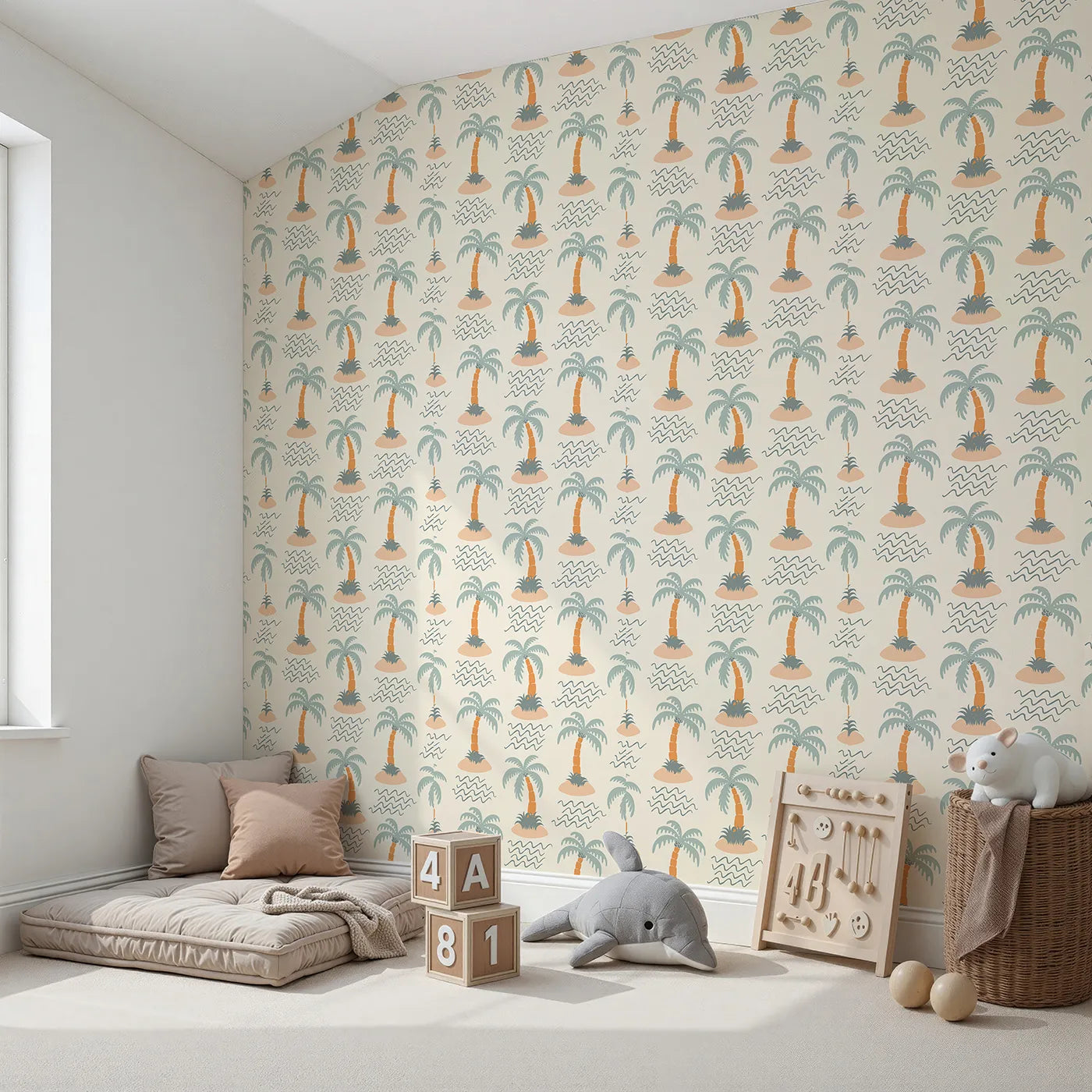 Angled view of Whimsy Tots' Tropical Island Getaway Wallpaper (W2287).Where a single palm tree sways in the gentle ocean breeze.