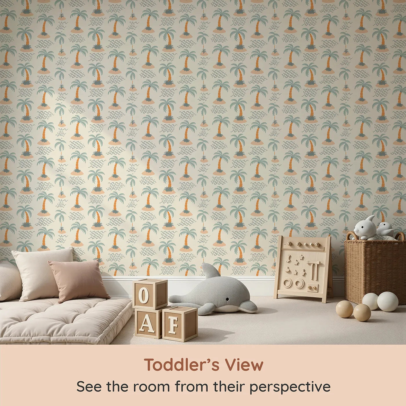 Whimsy Tots Tropical Island Getaway Wallpaper (W2287) from your child's view.Where a single palm tree sways in the gentle ocean breeze.