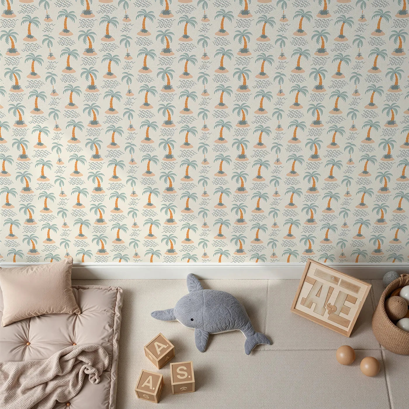 Top-Down view of Whimsy Tots' Tropical Island Getaway Wallpaper (W2287).Where a single palm tree sways in the gentle ocean breeze.