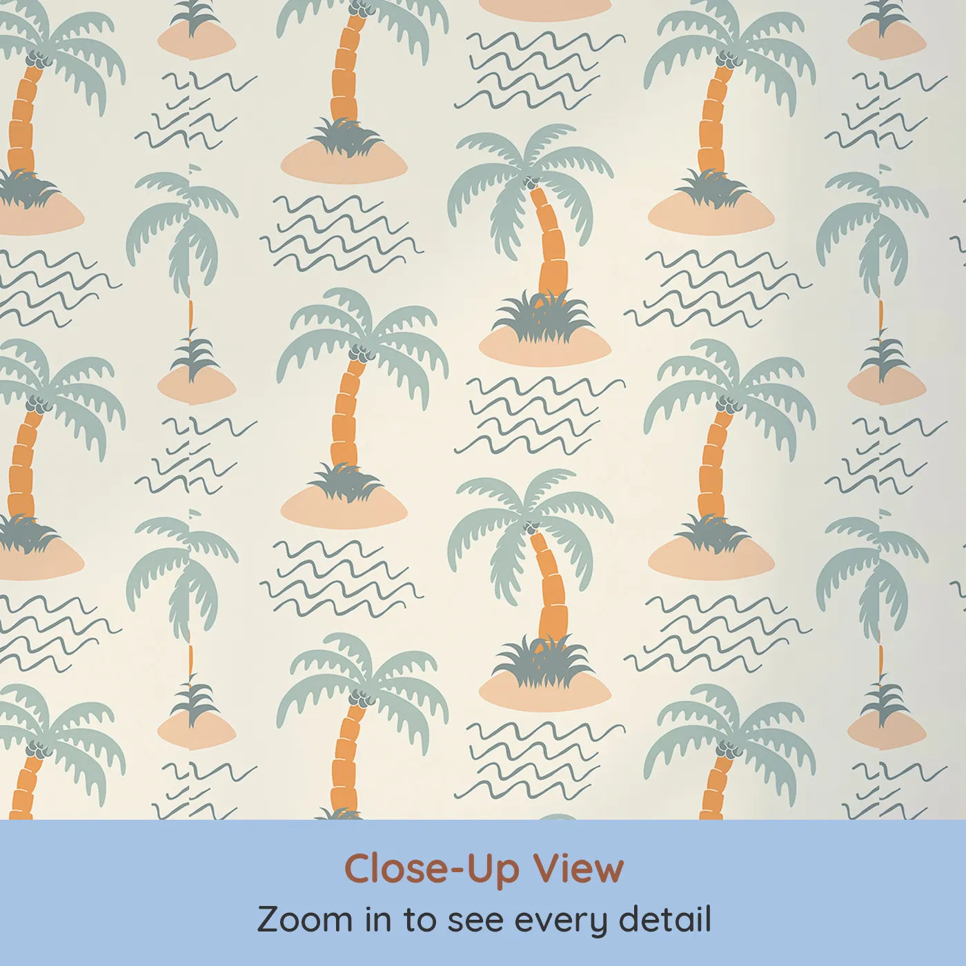 Close-up view of Whimsy Tots' Tropical Island Getaway Wallpaper (W2287).Where a single palm tree sways in the gentle ocean breeze.