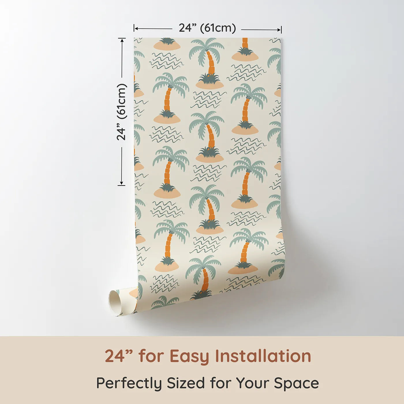 Dimension view of Whimsy Tots Tropical Island Getaway Wallpaper (W2287). Printed in 24-inch-wide panel for easy installation. Where a single palm tree sways in the gentle ocean breeze.