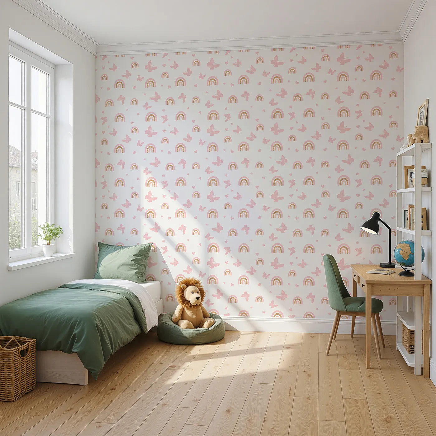 Angled view of Whimsy Tots' Boho Rainbow Butterfly Wallpaper in Pink (W2288).Where soft rainbows and butterflies fill the air with peace and love.