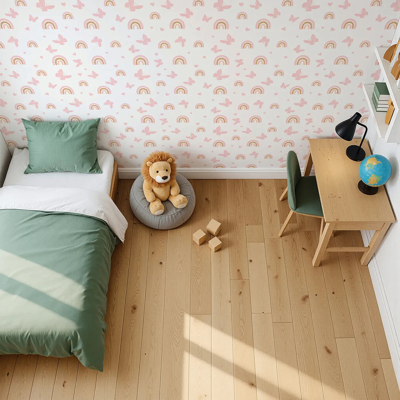 Top-Down view of Whimsy Tots' Boho Rainbow Butterfly Wallpaper in Pink (W2288).Where soft rainbows and butterflies fill the air with peace and love.