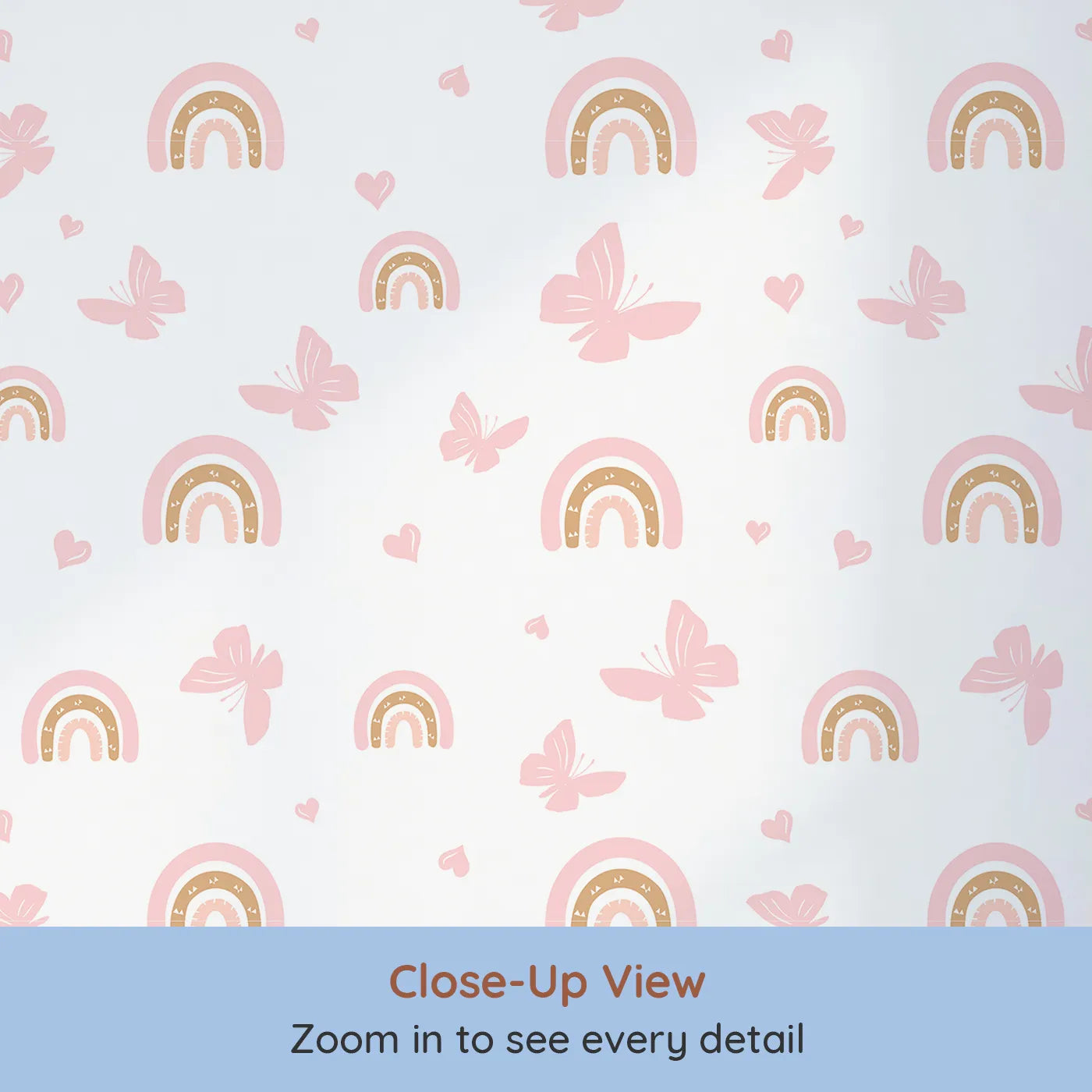 Close-up view of Whimsy Tots' Boho Rainbow Butterfly Wallpaper in Pink (W2288).Where soft rainbows and butterflies fill the air with peace and love.
