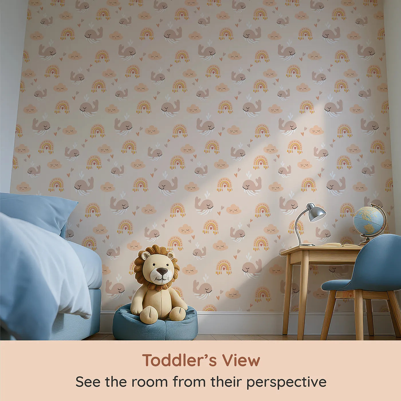 Whimsy Tots Boho Whale Rainbow Sky Wallpaper (W2289) from your child's view.Where sleepy whales float among smiling clouds and soft rainbows.