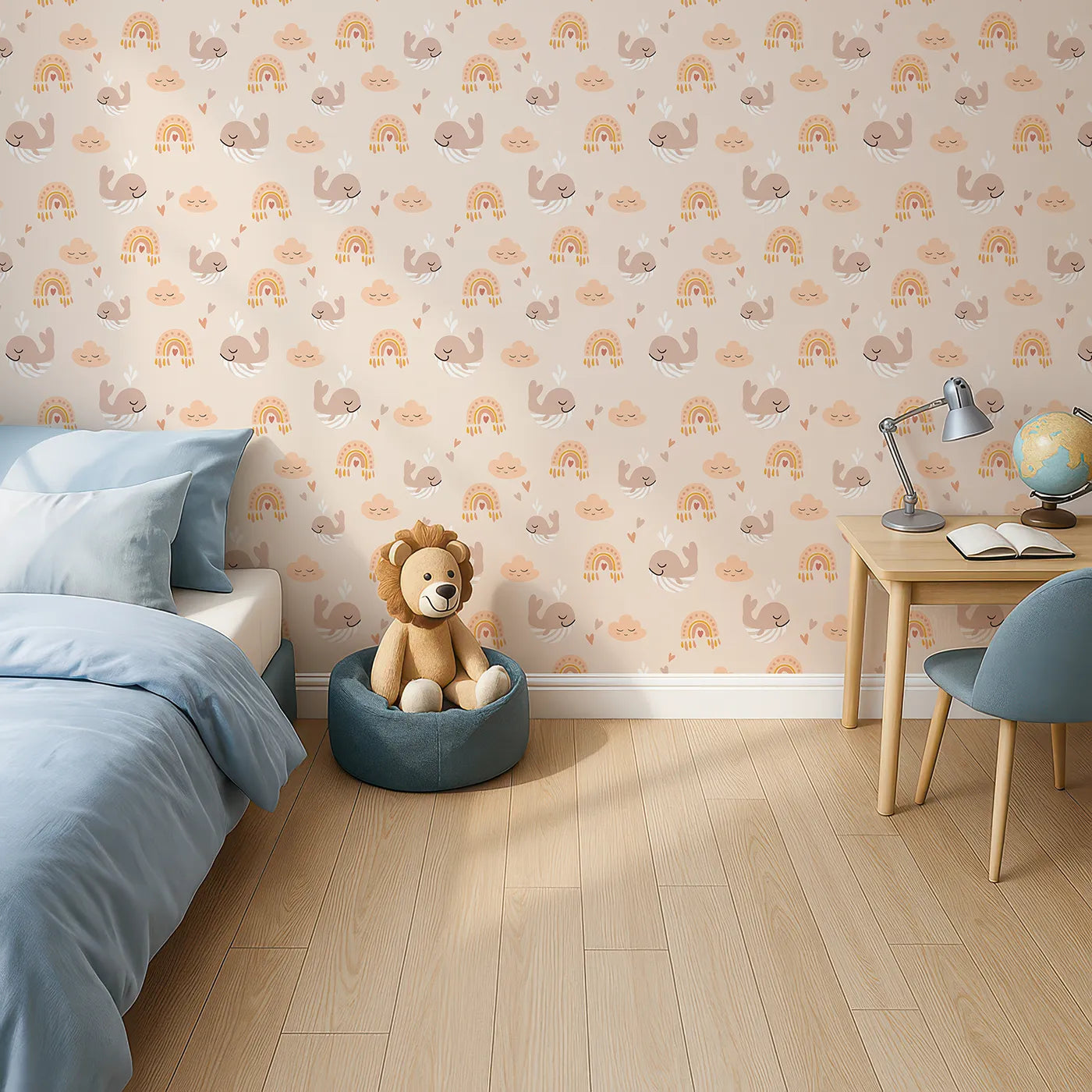 Top-Down view of Whimsy Tots' Boho Whale Rainbow Sky Wallpaper (W2289).Where sleepy whales float among smiling clouds and soft rainbows.