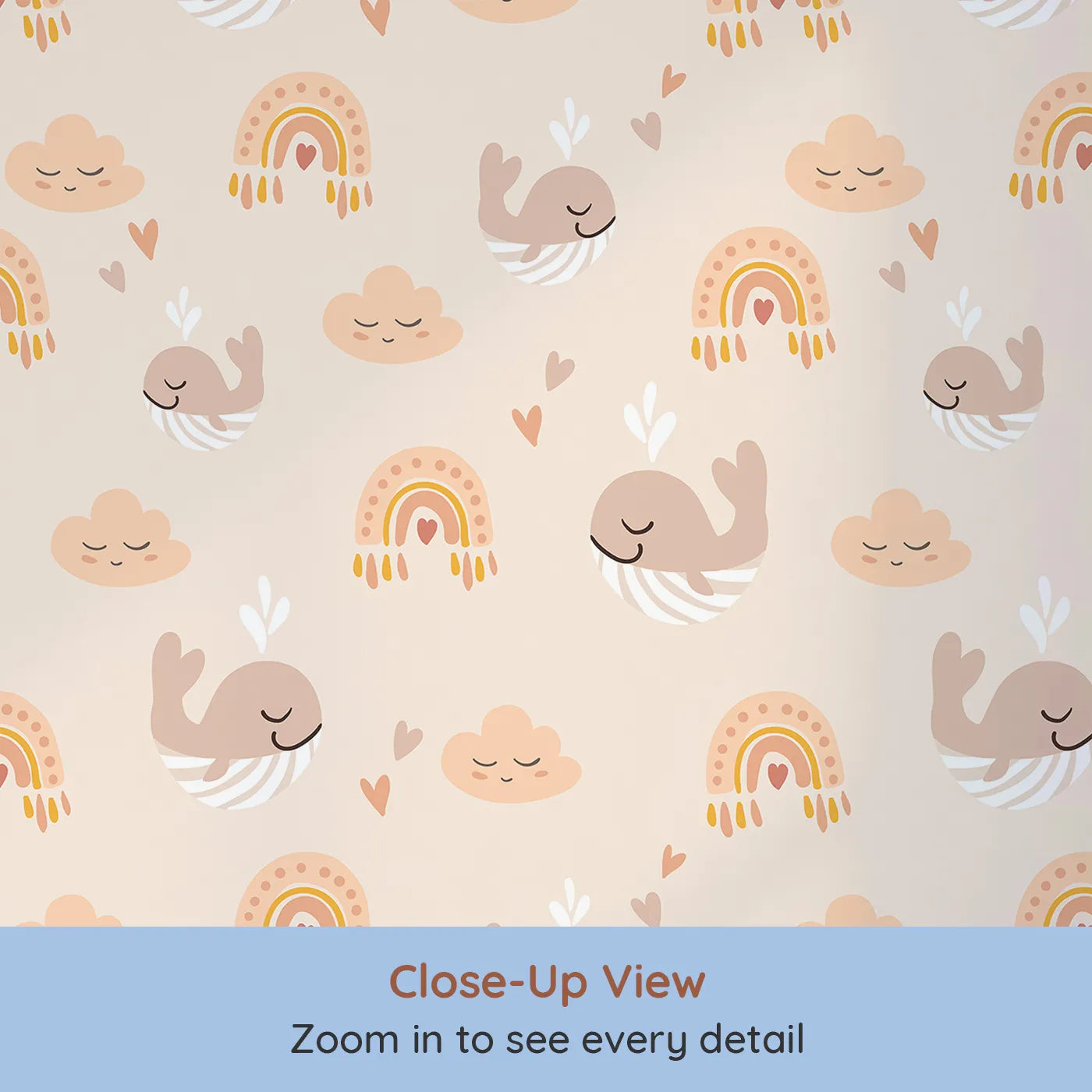 Close-up view of Whimsy Tots' Boho Whale Rainbow Sky Wallpaper (W2289).Where sleepy whales float among smiling clouds and soft rainbows.