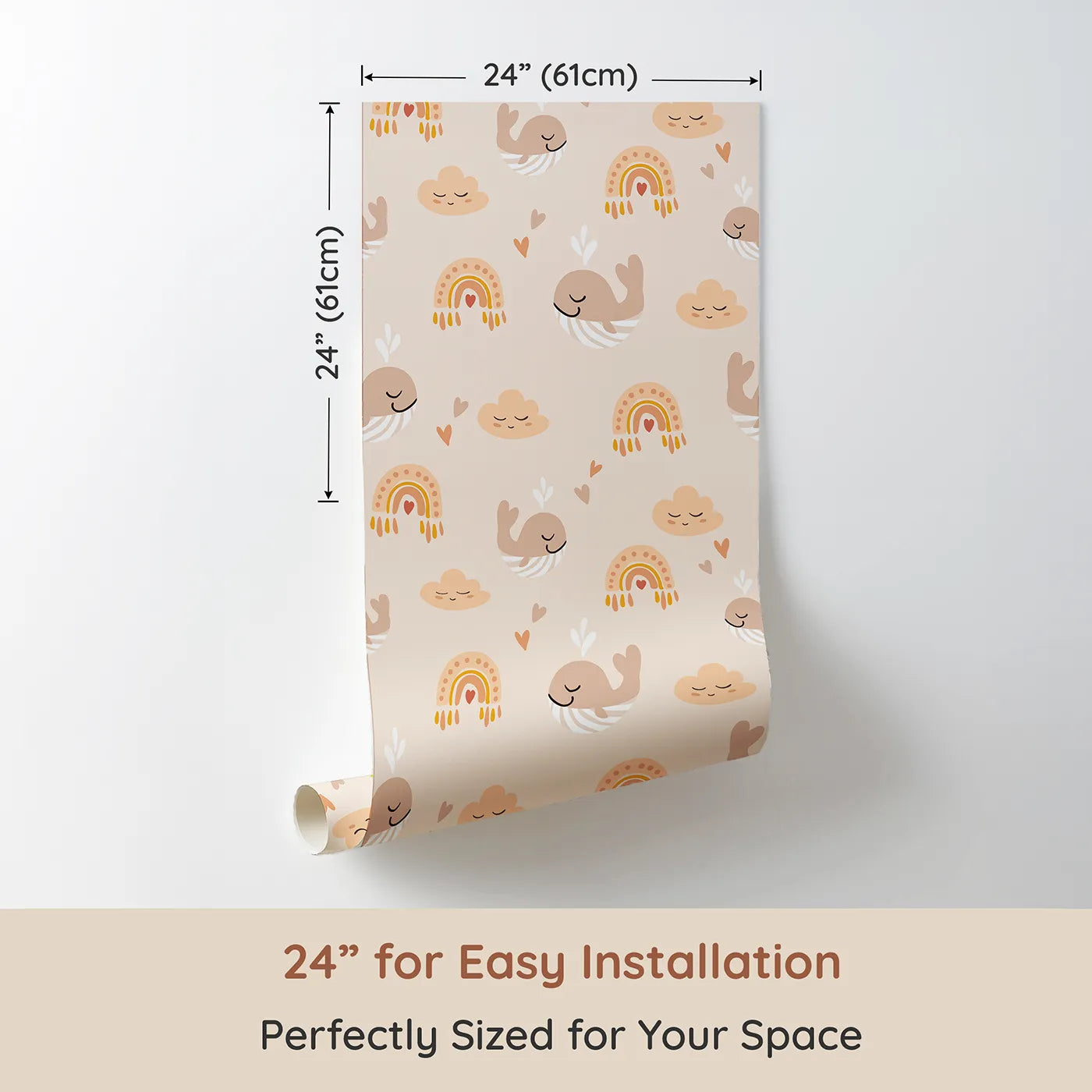 Dimension view of Whimsy Tots Boho Whale Rainbow Sky Wallpaper (W2289). Printed in 24-inch-wide panel for easy installation. Where sleepy whales float among smiling clouds and soft rainbows.