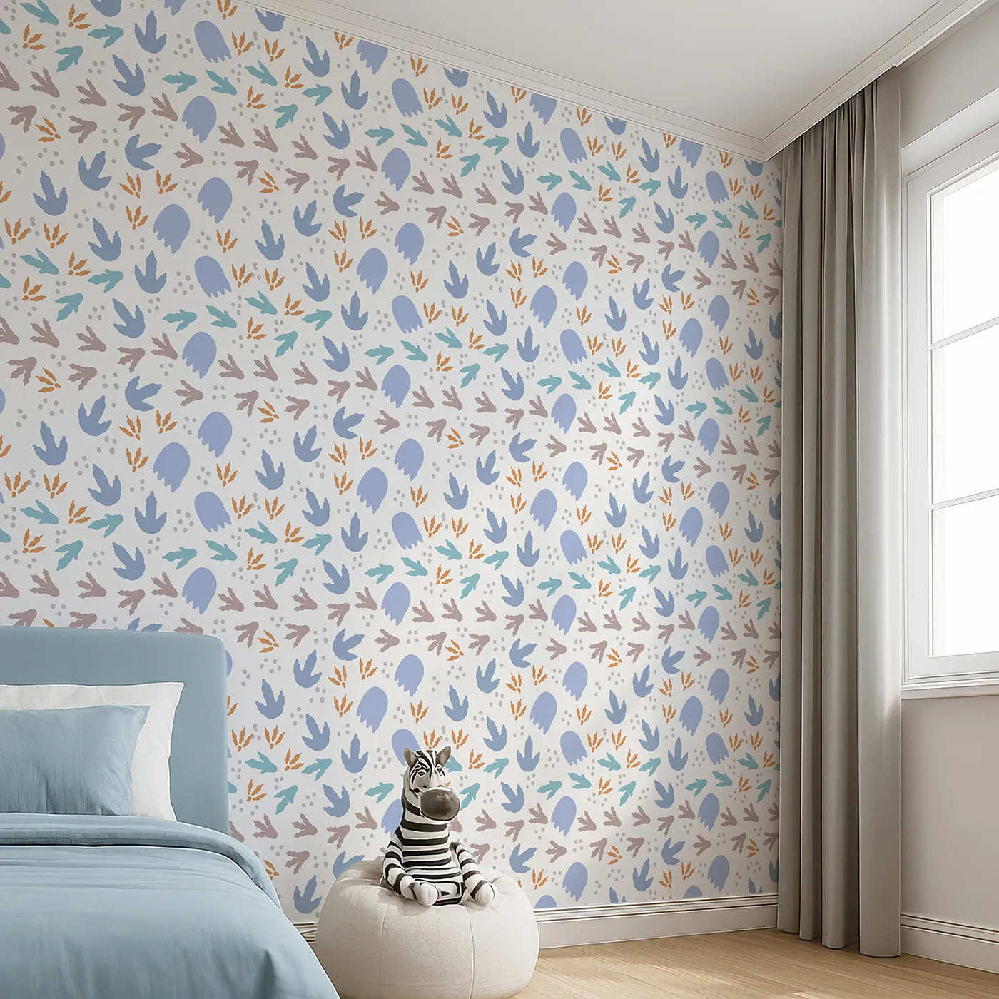 Angled view of Whimsy Tots' Dinosaur Footprints Wallpaper (W2290).Where a trail of colorful footprints leads to a grand adventure.