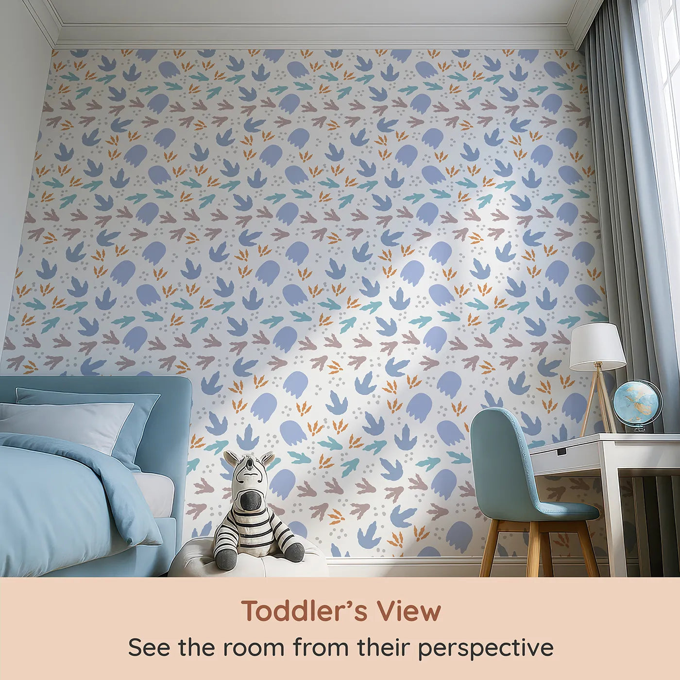 Whimsy Tots Dinosaur Footprints Wallpaper (W2290) from your child's view.Where a trail of colorful footprints leads to a grand adventure.