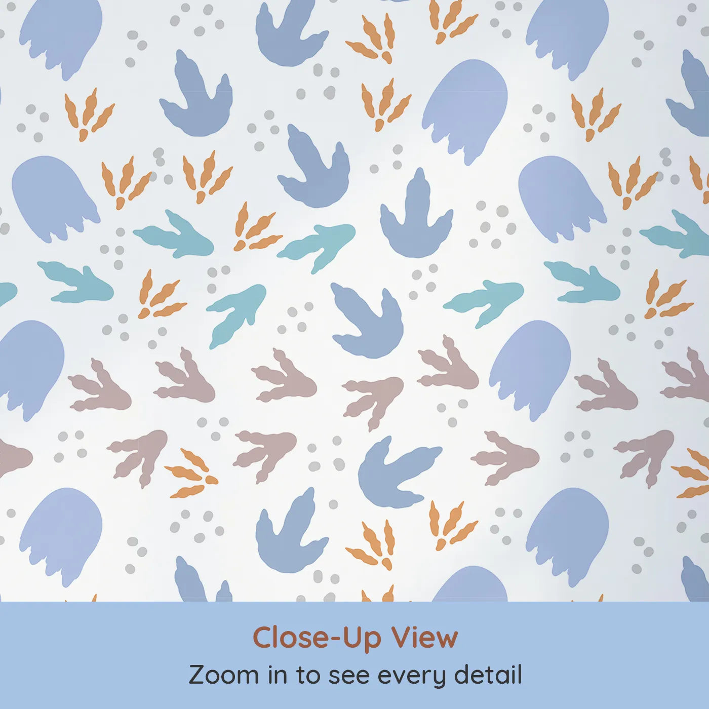 Close-up view of Whimsy Tots' Dinosaur Footprints Wallpaper (W2290).Where a trail of colorful footprints leads to a grand adventure.