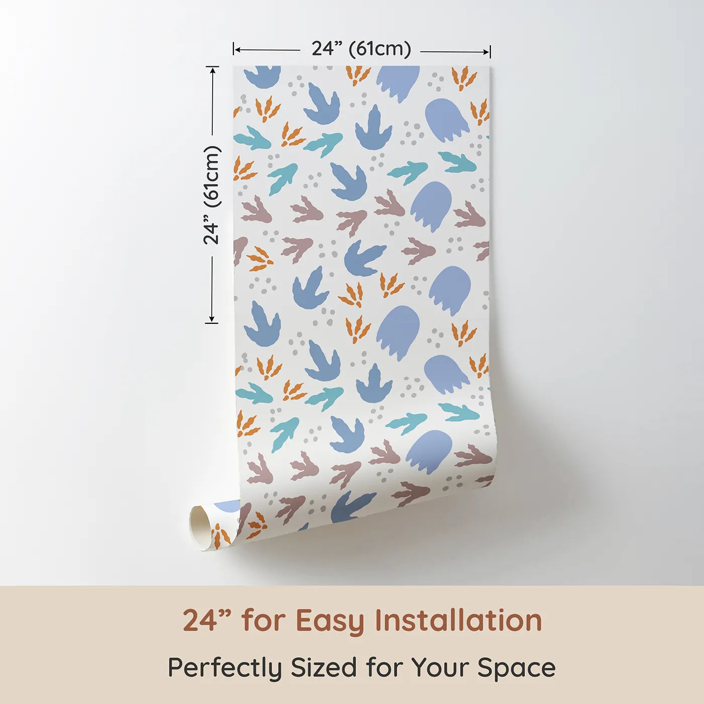 Dimension view of Whimsy Tots Dinosaur Footprints Wallpaper (W2290). Printed in 24-inch-wide panel for easy installation. Where a trail of colorful footprints leads to a grand adventure.