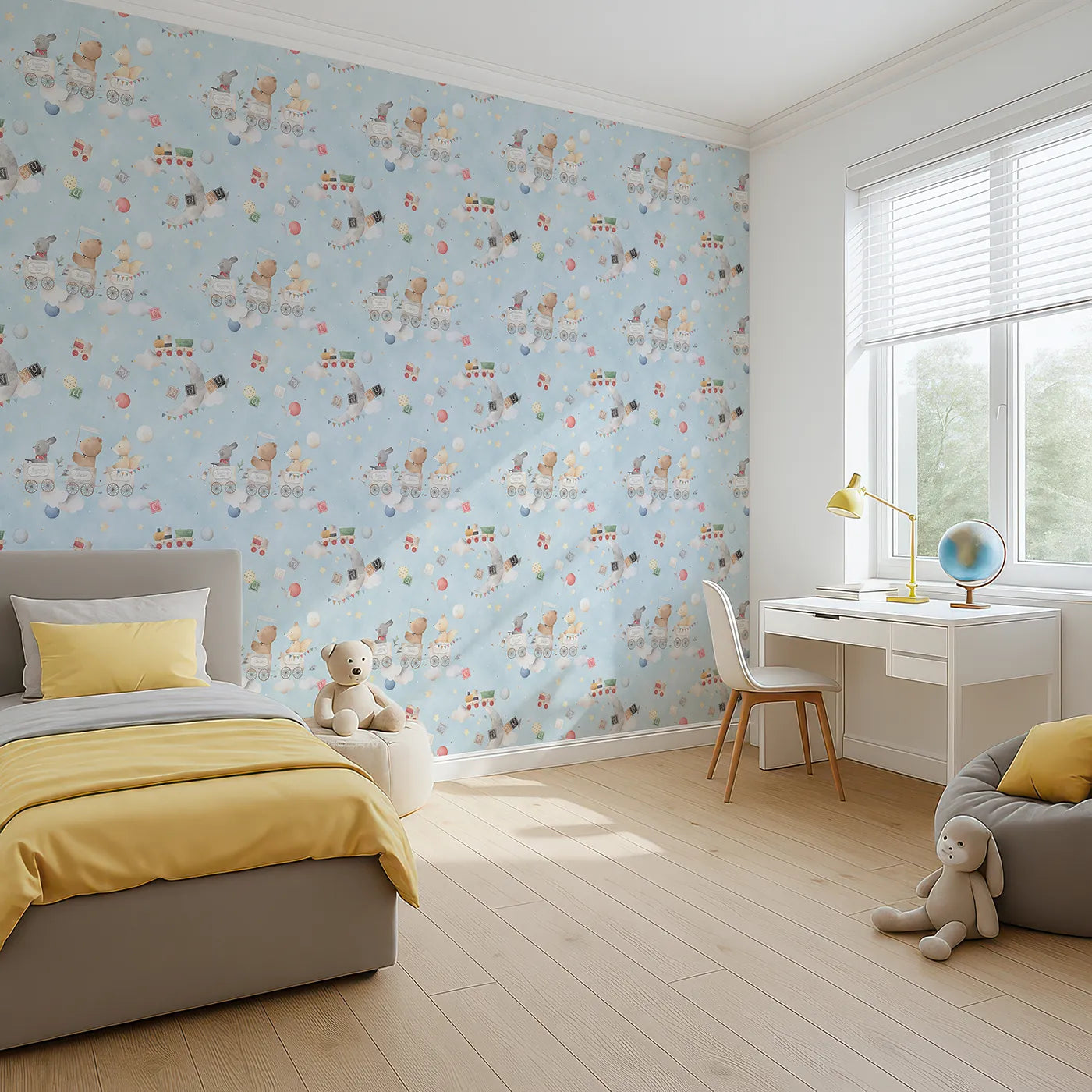 Angled view of Whimsy Tots' Storybook Sky Train Adventure Wallpaper (W2291).Where a train full of friends travels through a dreamy, painted sky.