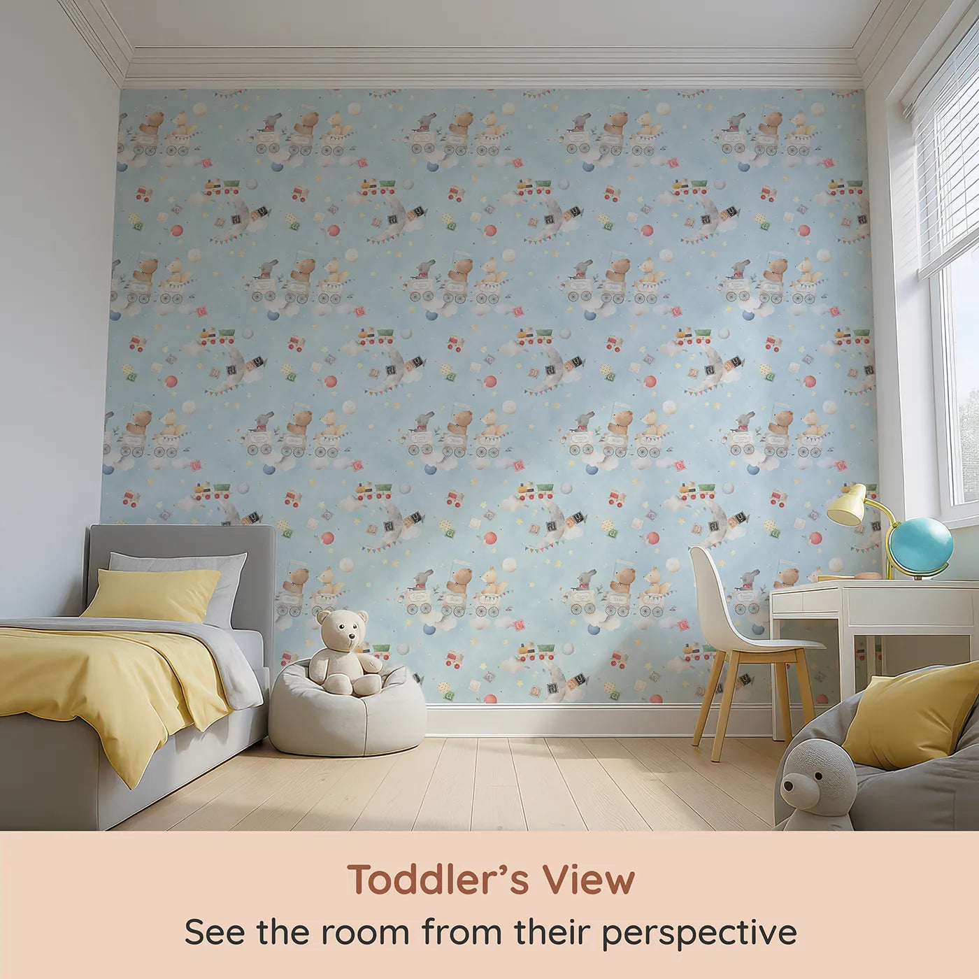 Whimsy Tots Storybook Sky Train Adventure Wallpaper (W2291) from your child's view.Where a train full of friends travels through a dreamy, painted sky.