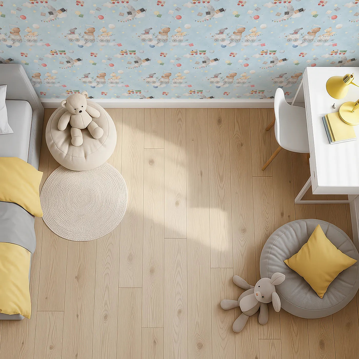 Top-Down view of Whimsy Tots' Storybook Sky Train Adventure Wallpaper (W2291).Where a train full of friends travels through a dreamy, painted sky.