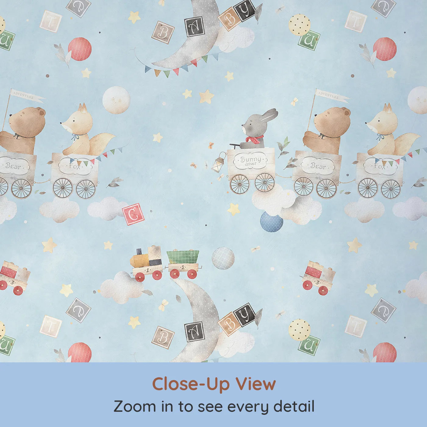 Close-up view of Whimsy Tots' Storybook Sky Train Adventure Wallpaper (W2291).Where a train full of friends travels through a dreamy, painted sky.