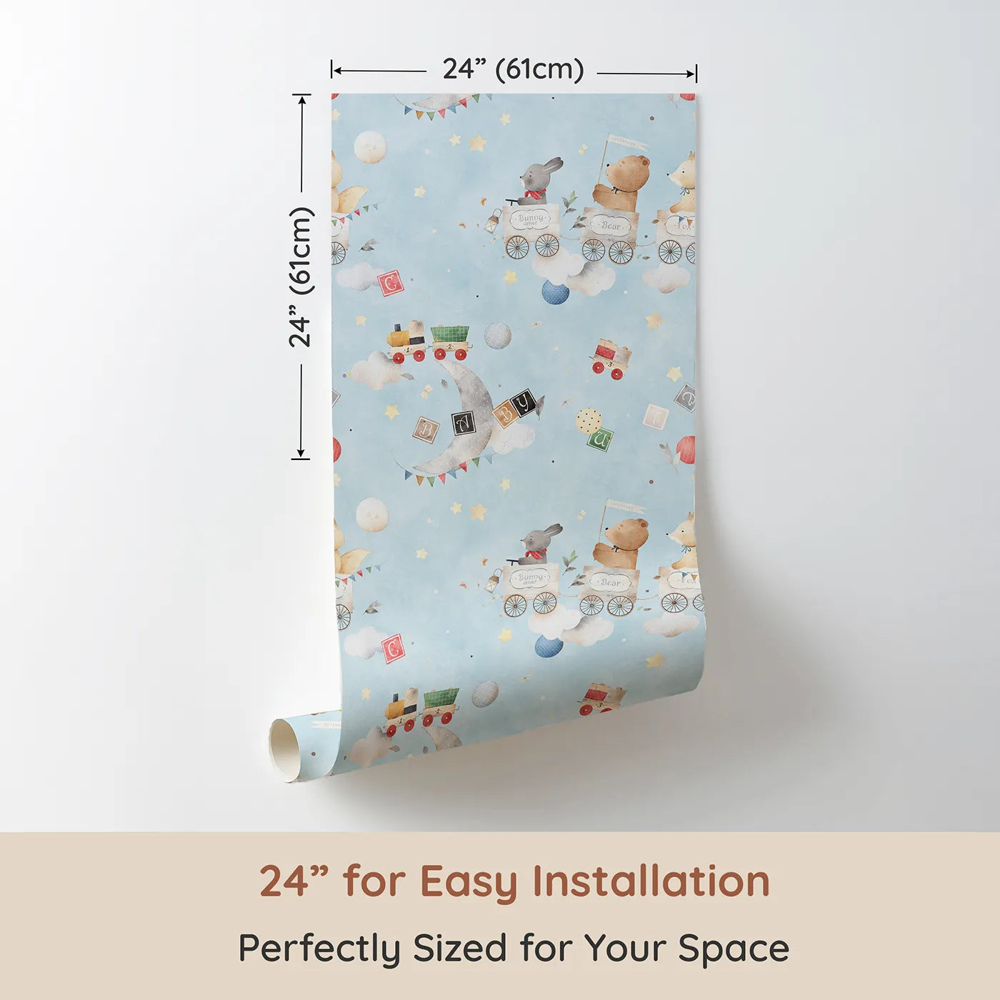 Dimension view of Whimsy Tots Storybook Sky Train Adventure Wallpaper (W2291). Printed in 24-inch-wide panel for easy installation. Where a train full of friends travels through a dreamy, painted sky.