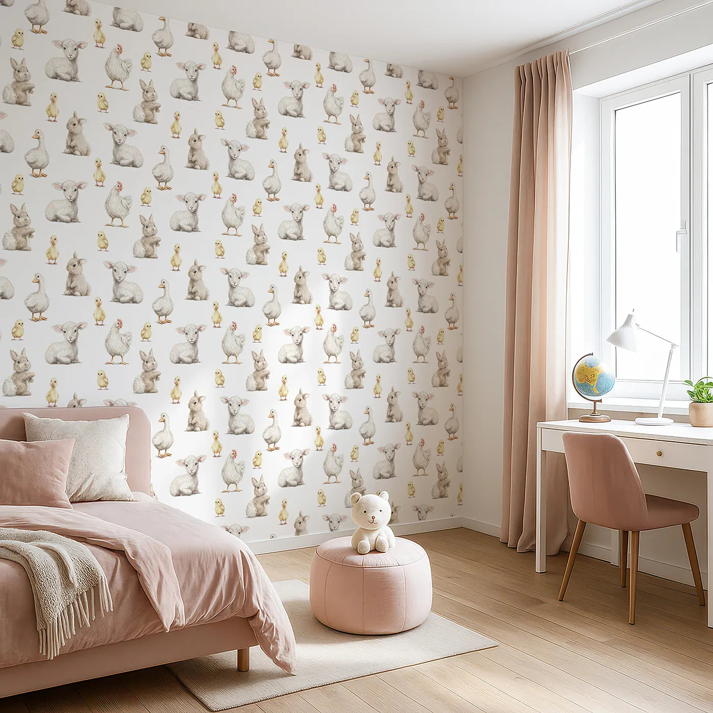 Angled view of Whimsy Tots' Realistic Baby Farm Animals Wallpaper (W2292).Where a gathering of gentle baby animals is waiting for a cuddle.