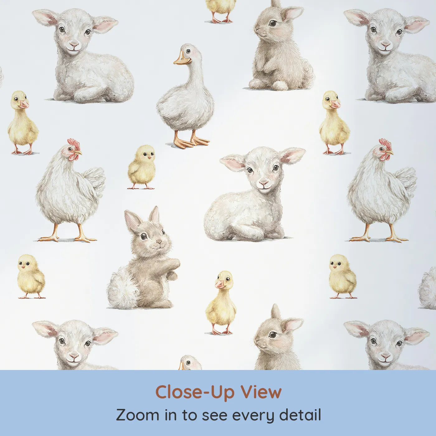 Close-up view of Whimsy Tots' Realistic Baby Farm Animals Wallpaper (W2292).Where a gathering of gentle baby animals is waiting for a cuddle.