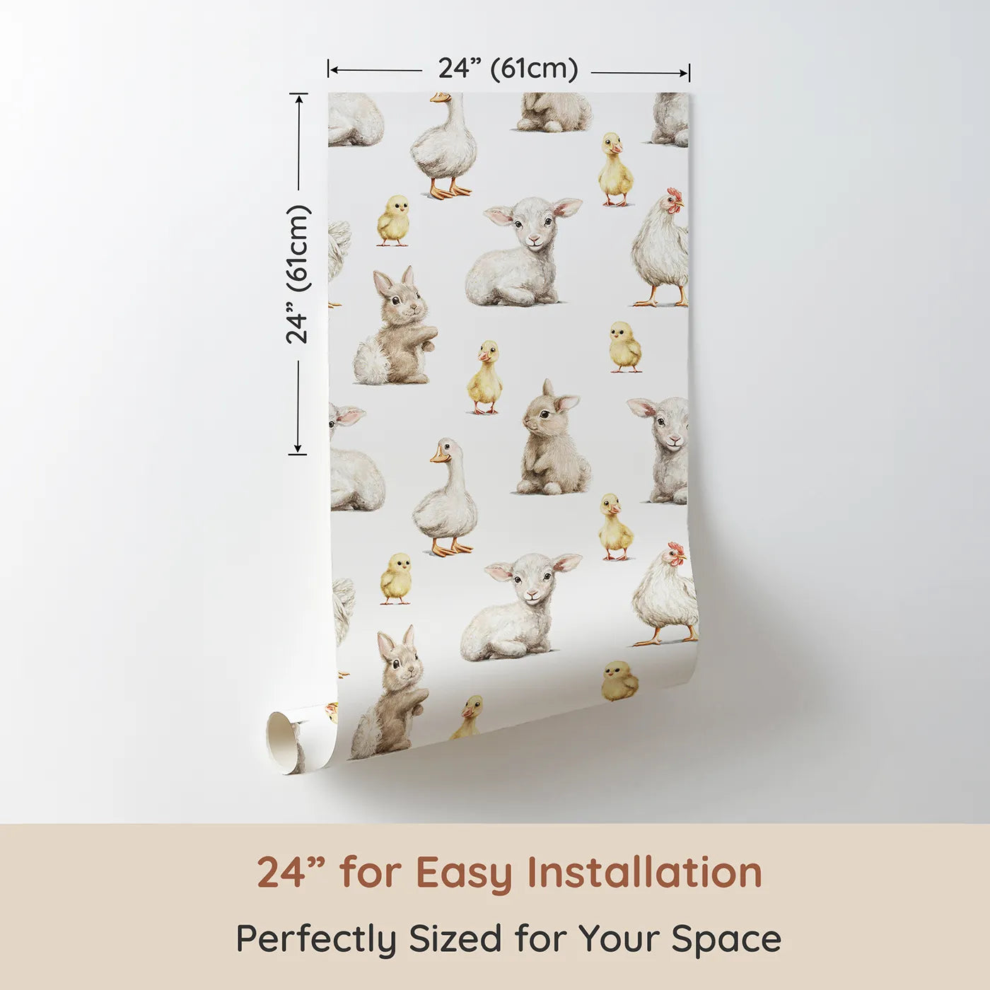 Dimension view of Whimsy Tots Realistic Baby Farm Animals Wallpaper (W2292). Printed in 24-inch-wide panel for easy installation. Where a gathering of gentle baby animals is waiting for a cuddle.