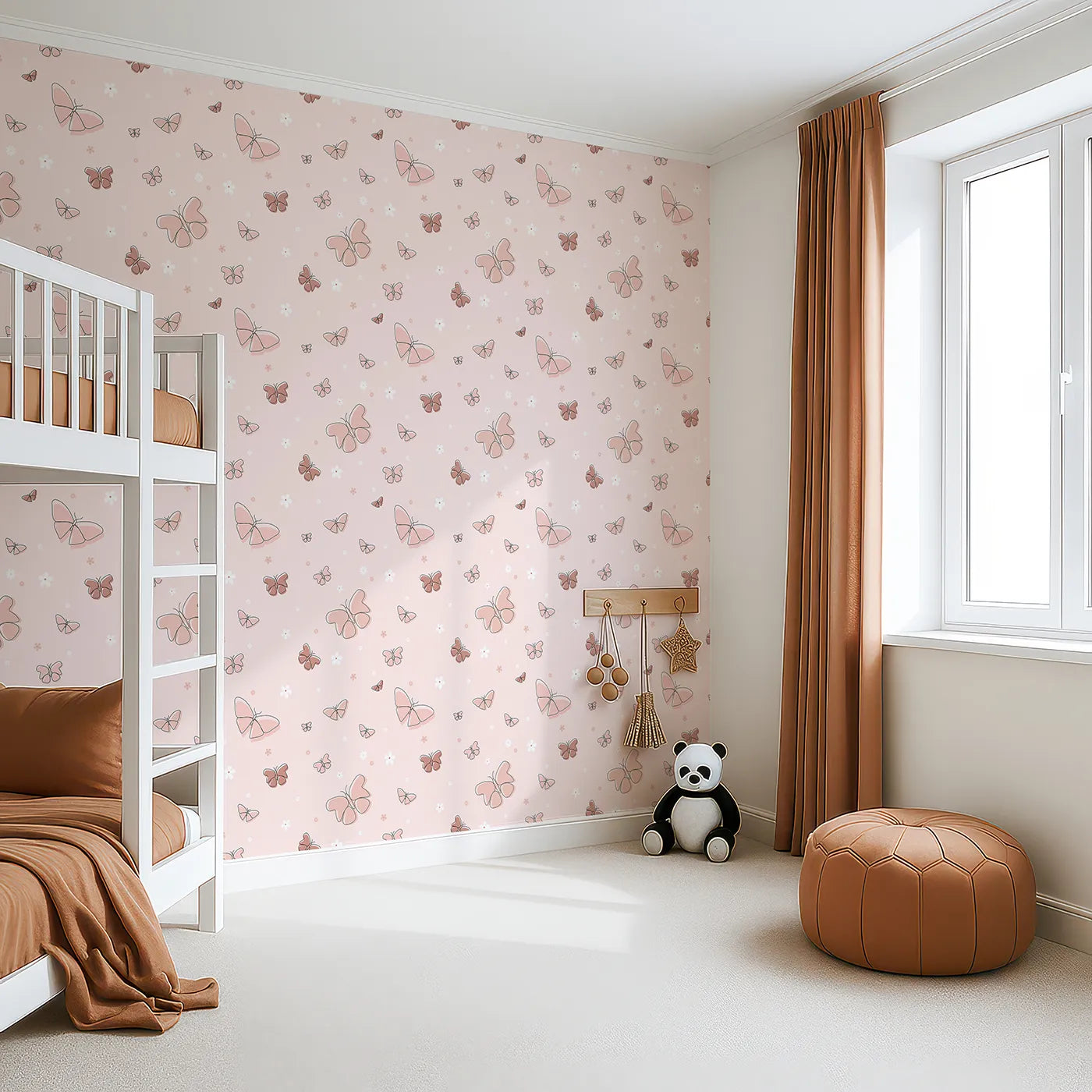 Angled view of Whimsy Tots' Minimalist Butterfly Garden Wallpaper in Rose gold (W2293).Where delicate butterflies and simple flowers float on a soft breeze.