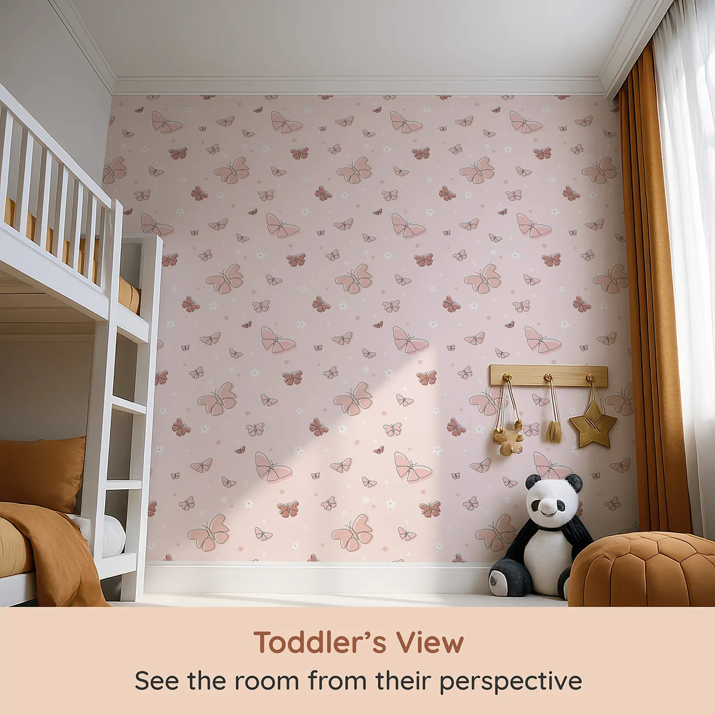 Whimsy Tots Minimalist Butterfly Garden Wallpaper in Rose gold (W2293) from your child's view.Where delicate butterflies and simple flowers float on a soft breeze.