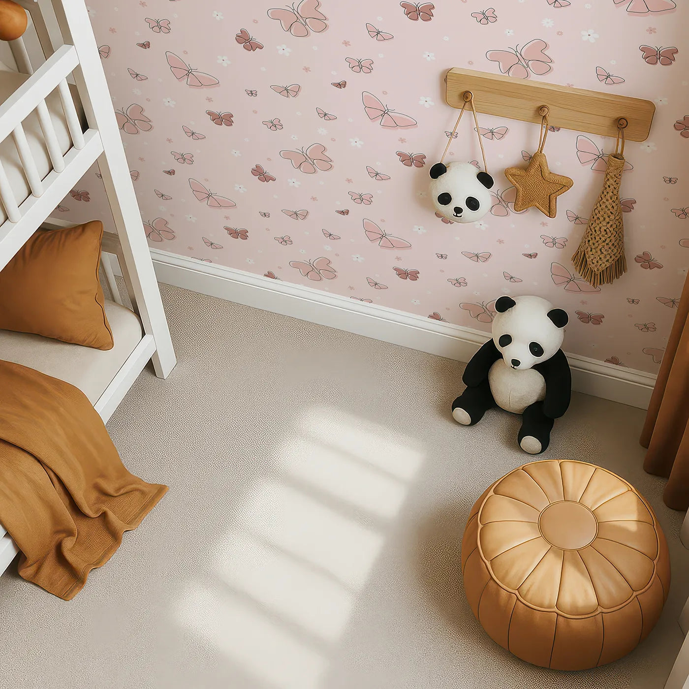 Top-Down view of Whimsy Tots' Minimalist Butterfly Garden Wallpaper in Rose gold (W2293).Where delicate butterflies and simple flowers float on a soft breeze.