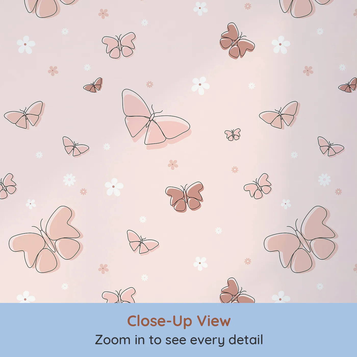 Close-up view of Whimsy Tots' Minimalist Butterfly Garden Wallpaper in Rose gold (W2293).Where delicate butterflies and simple flowers float on a soft breeze.