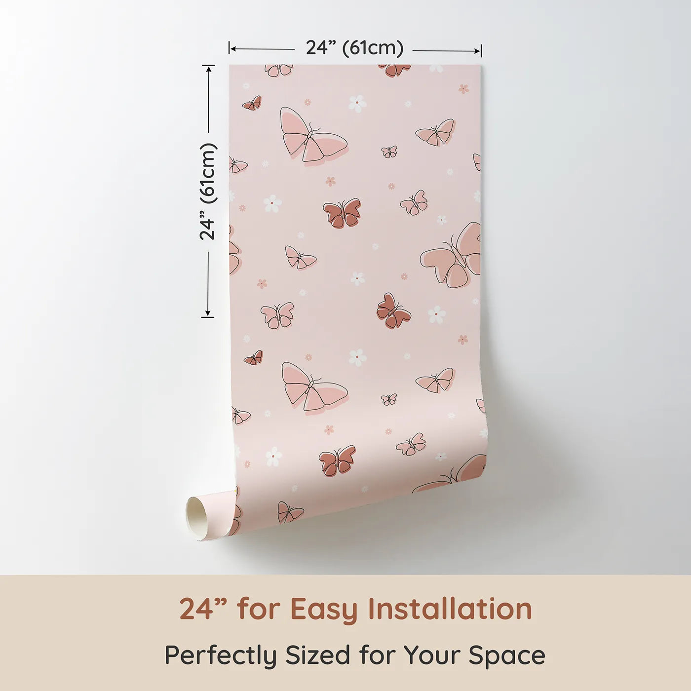 Dimension view of Whimsy Tots Minimalist Butterfly Garden Wallpaper in Rose gold (W2293). Printed in 24-inch-wide panel for easy installation. Where delicate butterflies and simple flowers float on a soft breeze.