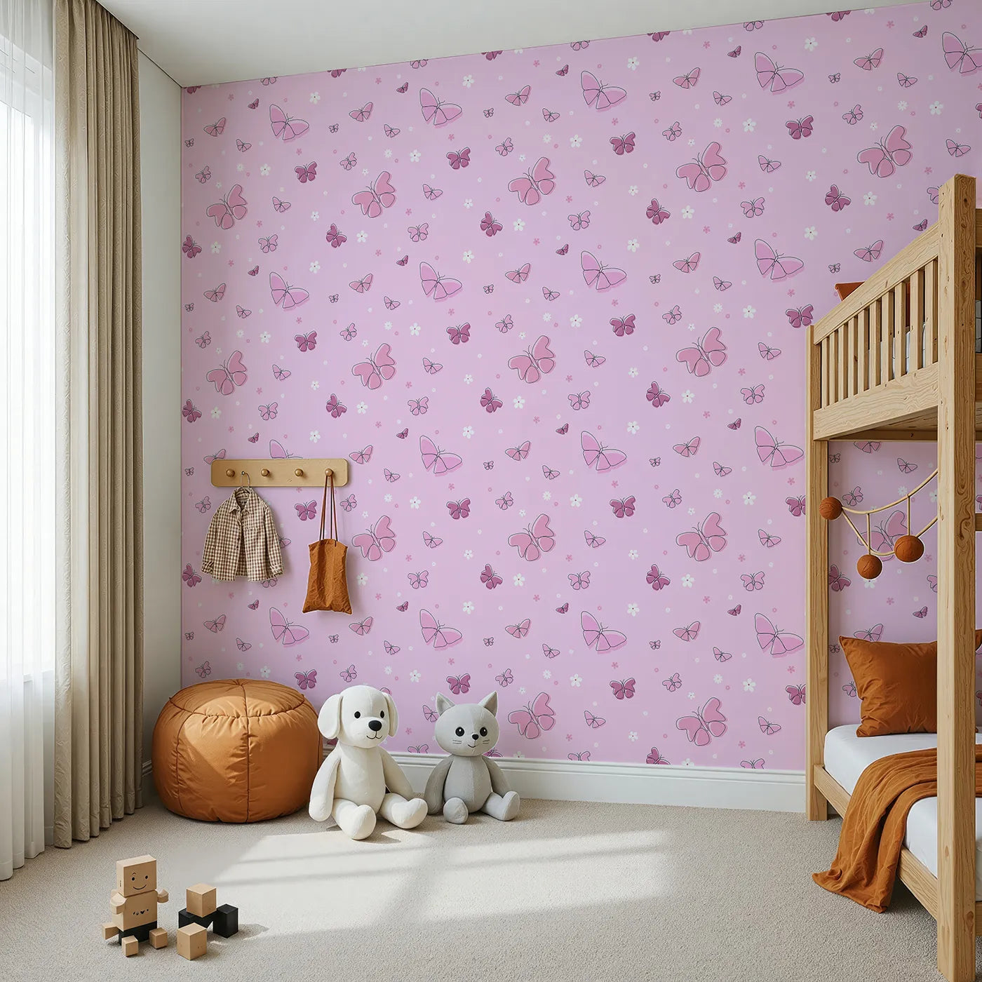 Angled view of Whimsy Tots' Minimalist Butterfly Garden Wallpaper in Pink (W2294).Where delicate butterflies and simple flowers float on a happy breeze.
