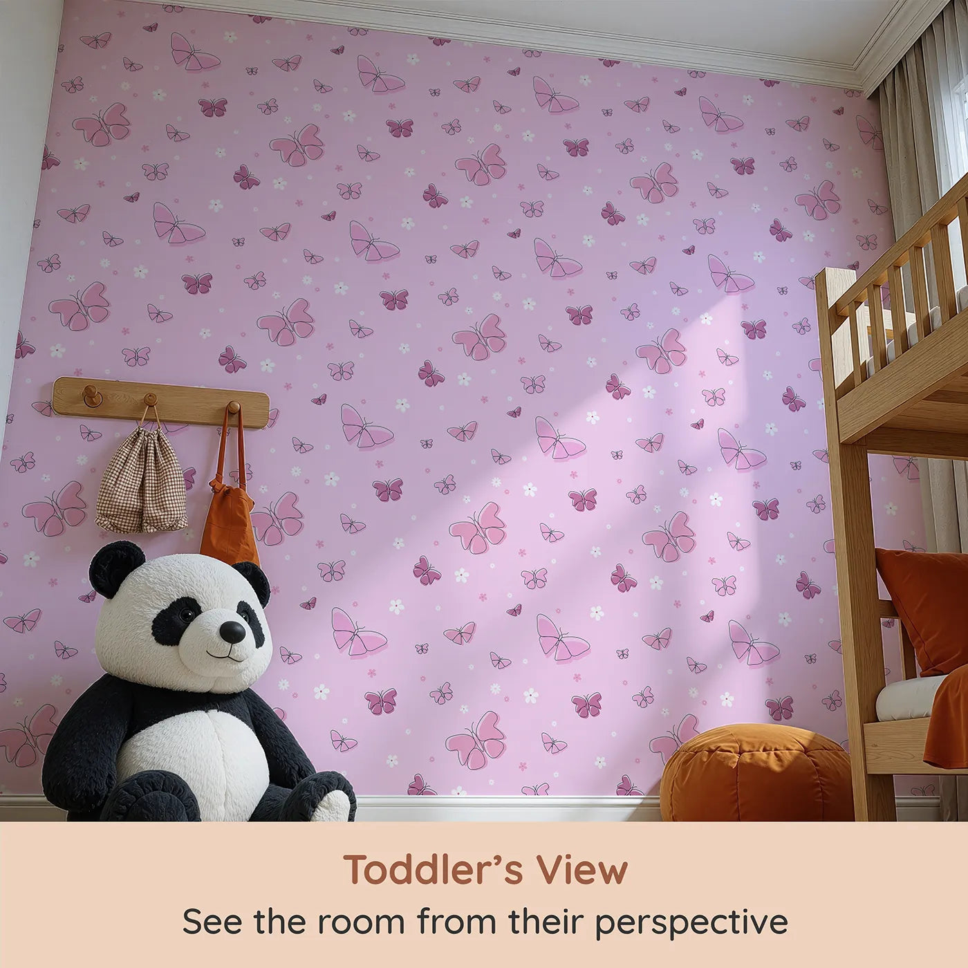 Whimsy Tots Minimalist Butterfly Garden Wallpaper in Pink (W2294) from your child's view.Where delicate butterflies and simple flowers float on a happy breeze.